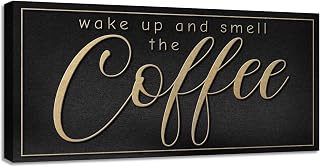Black and Gold Coffee Station Decor Plaque Wake Up and Smell the Coffee Canvas Wall Art Classic Kitchen Sign Table Decorative Small Home Office Tea Bar Accessories 6x12