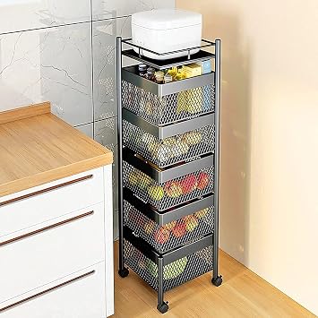 Kitchen Storage Rack Fruit Vegetable Rolling Fruit Basket, Multi-Layer rotatable Fruit and Vegetable Basket on Wheels, Kitchen Storage cart for Kitchen and Bathroom, Free Installation  Size 5 Tier