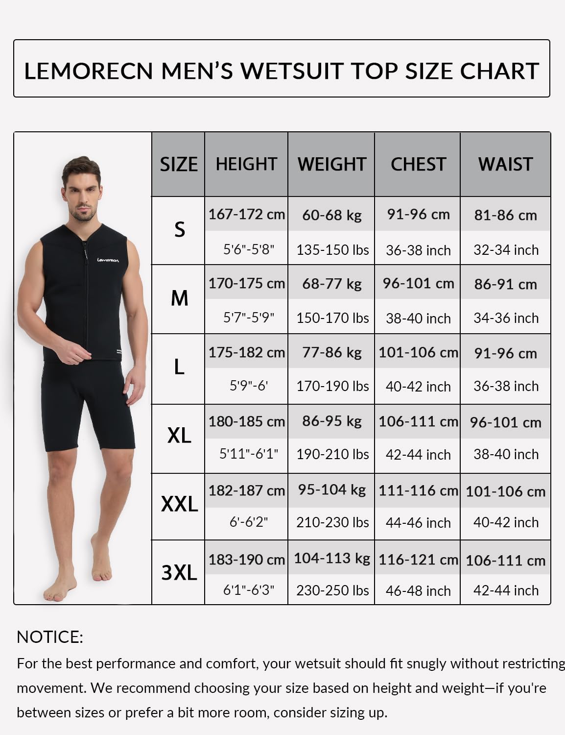 Lemorecn Combinaison en néoprène pour homme et femme - 3 mm - Sans manches - Fermeture éclair avant - Gilet en néoprène pour sports nautiques