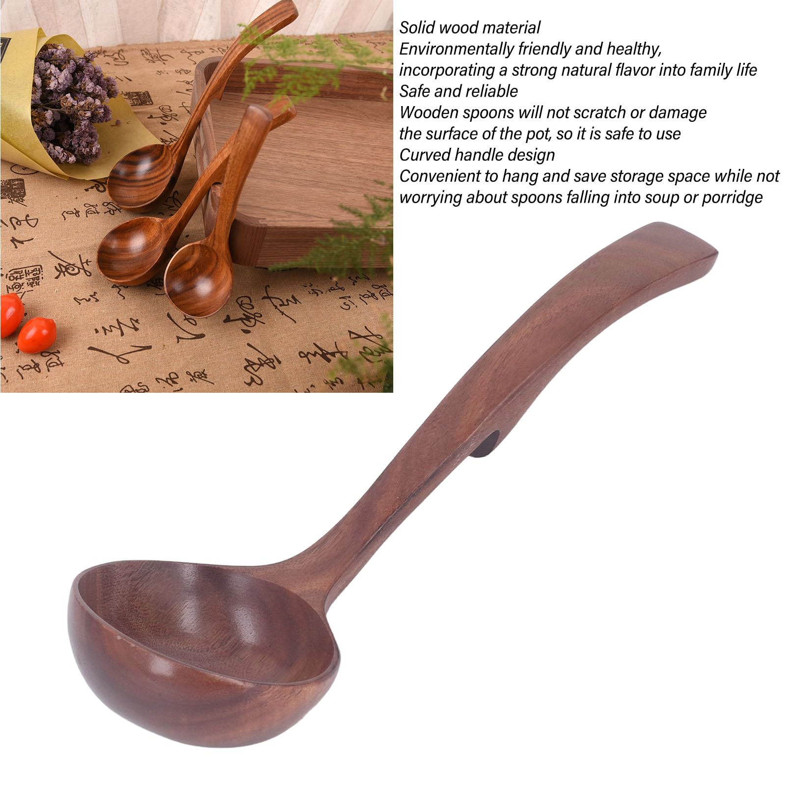 Wooden Soup Ladles, Long Kitchen Cooking Spoon Wood Cooking Spoons Wooden Serving Spoon Large Deep Serving Spoons Long Handle Wooden Ladle for Soup(B)