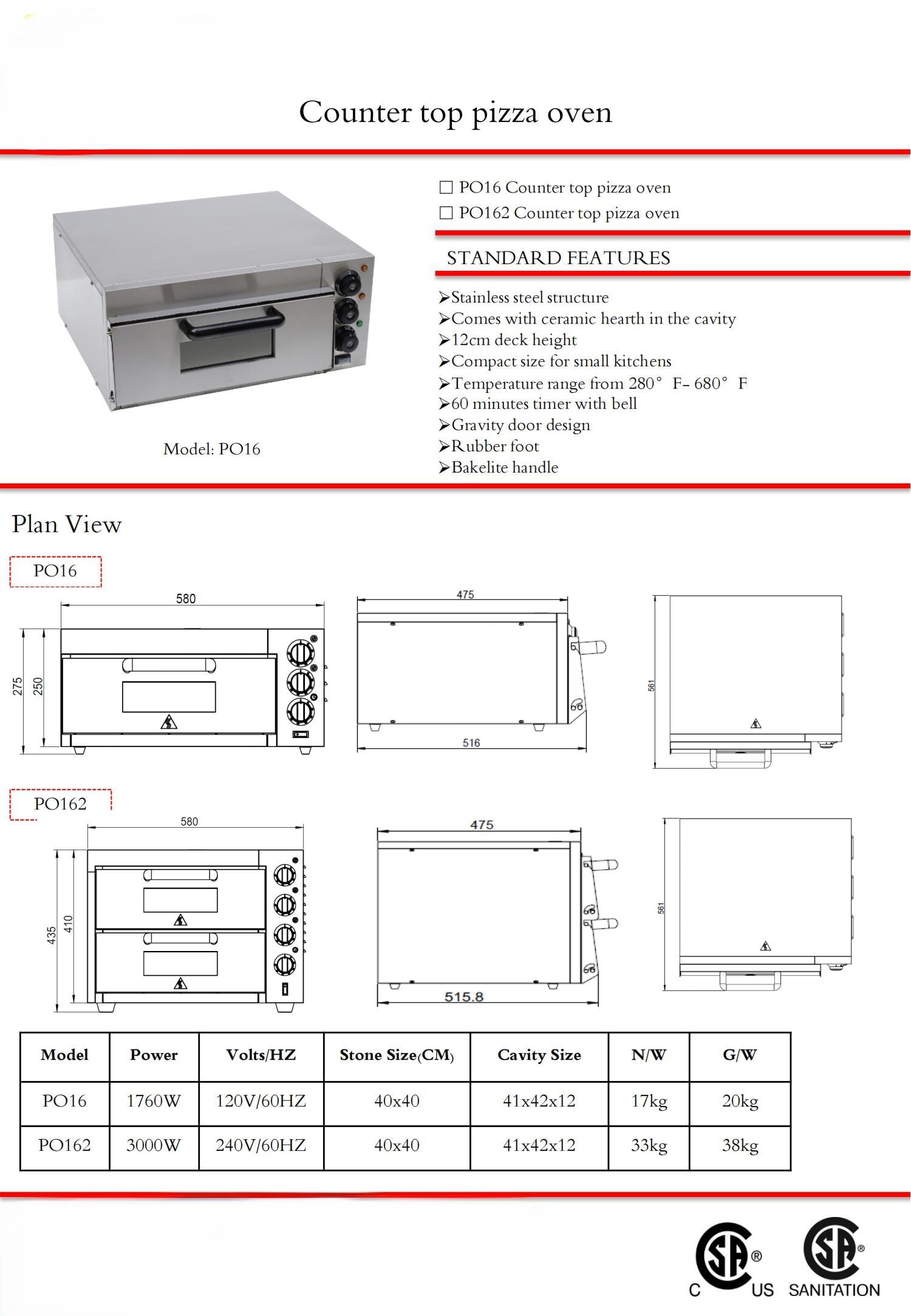 Commercial Countertop Pizza Oven, 1760W, Single Deck, Stainless Steel, 280-680°F Temperature Range, 60-Min Timer PO16 CSA