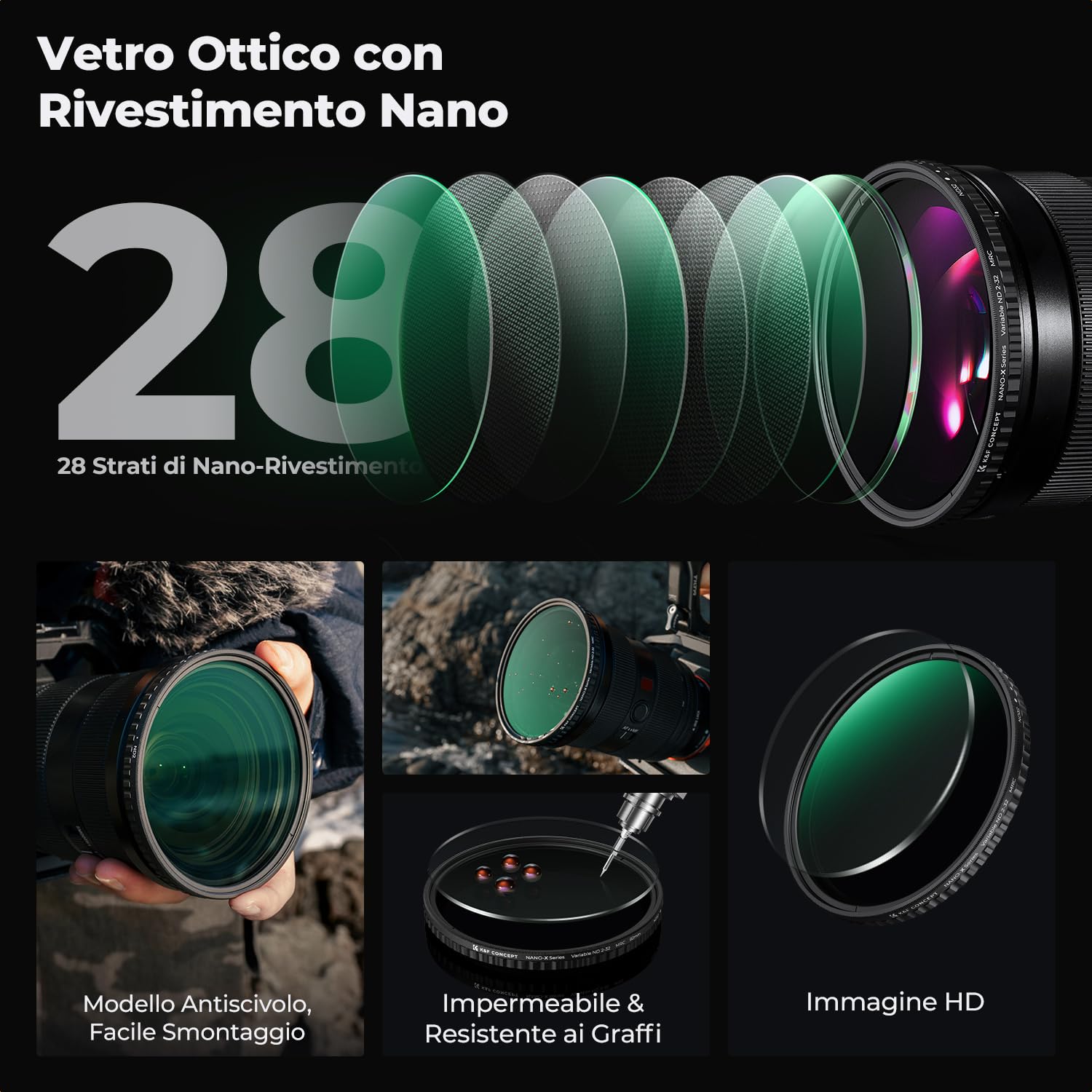 K&F CONCEPT Nano-X 77mm Filtro Variabile ND2-32 (1-5 stop) di Vetro Ottico con Rivestimento Nano a 28 Strati per obiettivi 77mm