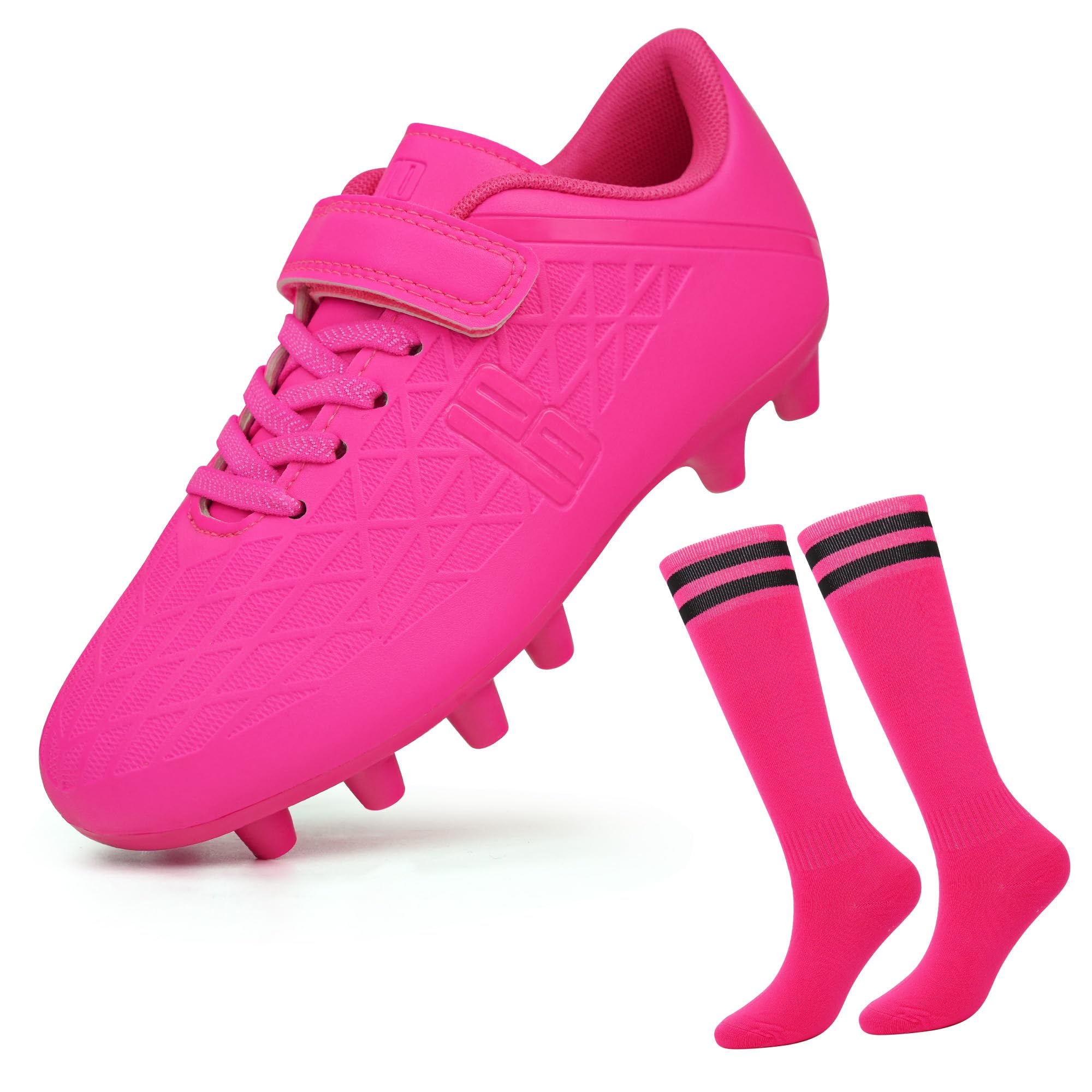 brooman Kids Firm Ground Soccer Cleats Boys Girls Football Cleats with Soccer Socks (11,Fuchsia)