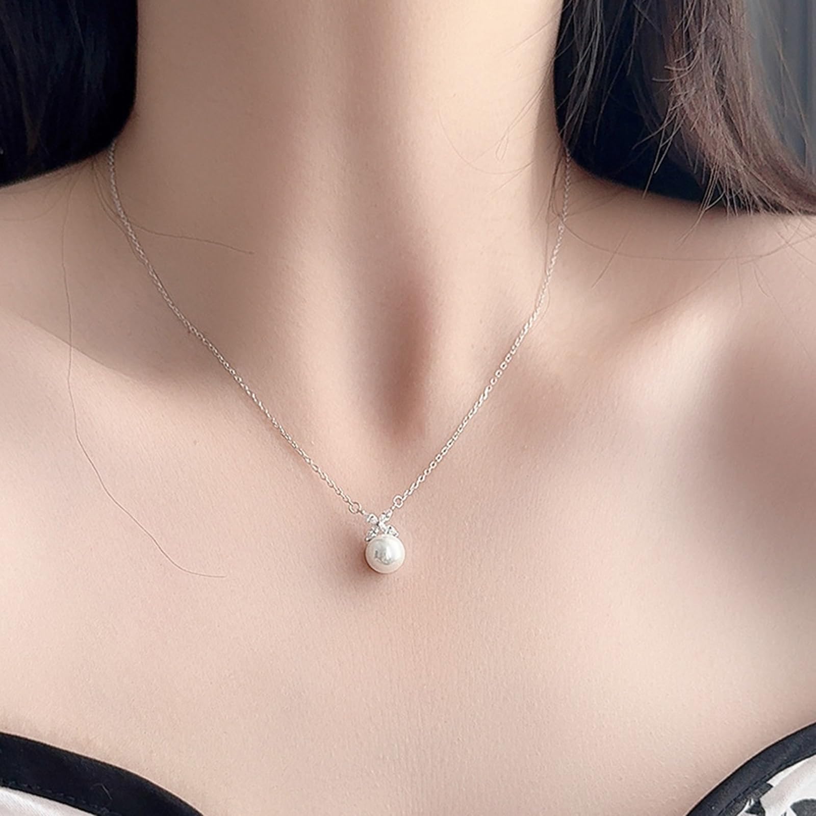 Collar de oro blanco para mujer, flor de moissanita y colgante de perlas de 8 mm, collares con colgante de 40 + 5 cm
