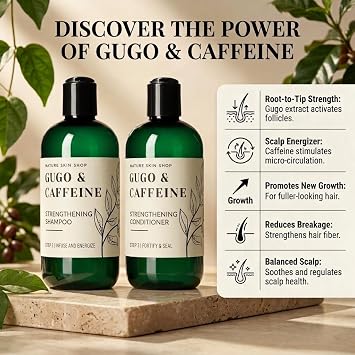 Nature Skin Shop Gugo Shampoo and Conditioner Set for Hair Growth and Thinning, Anti-Hair Fall Treatment with Biotin & Caffeine, Soothes Dandruff & Itchy Scalp, Sulfate-Free, for Men & Women