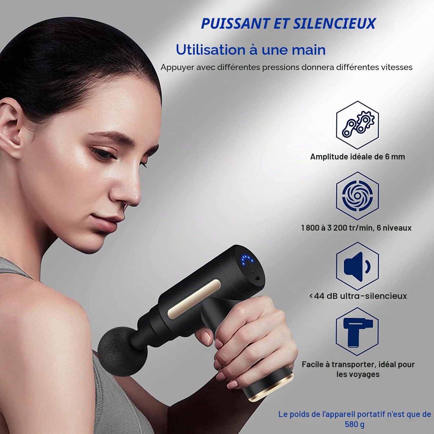 Uplayteck Mini Pistolet de Massage Musculaire, Portable Mini Massager Gun avec 6 Vitesses & 4 Têtes, 1800mAh Super Silencieux Pistolet de Massage 3200RPM pour Soulagement de la Douleur Musculaire, USB