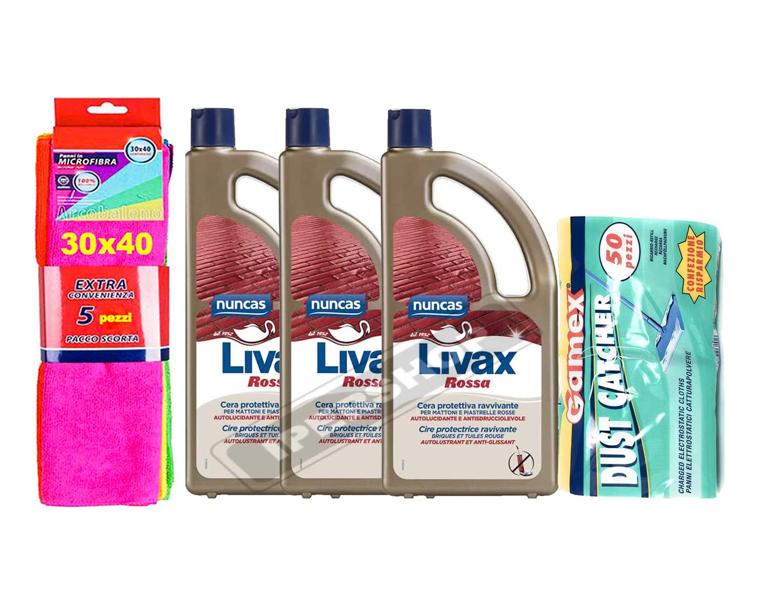 SET 3 PEZZI LIVAX ROSSA 1LT + GAMEX 50 panni elettrostatici cattura polvere maxi formato 22x29cm+ pacco scorta 5 panni microfibra 30x40cm
