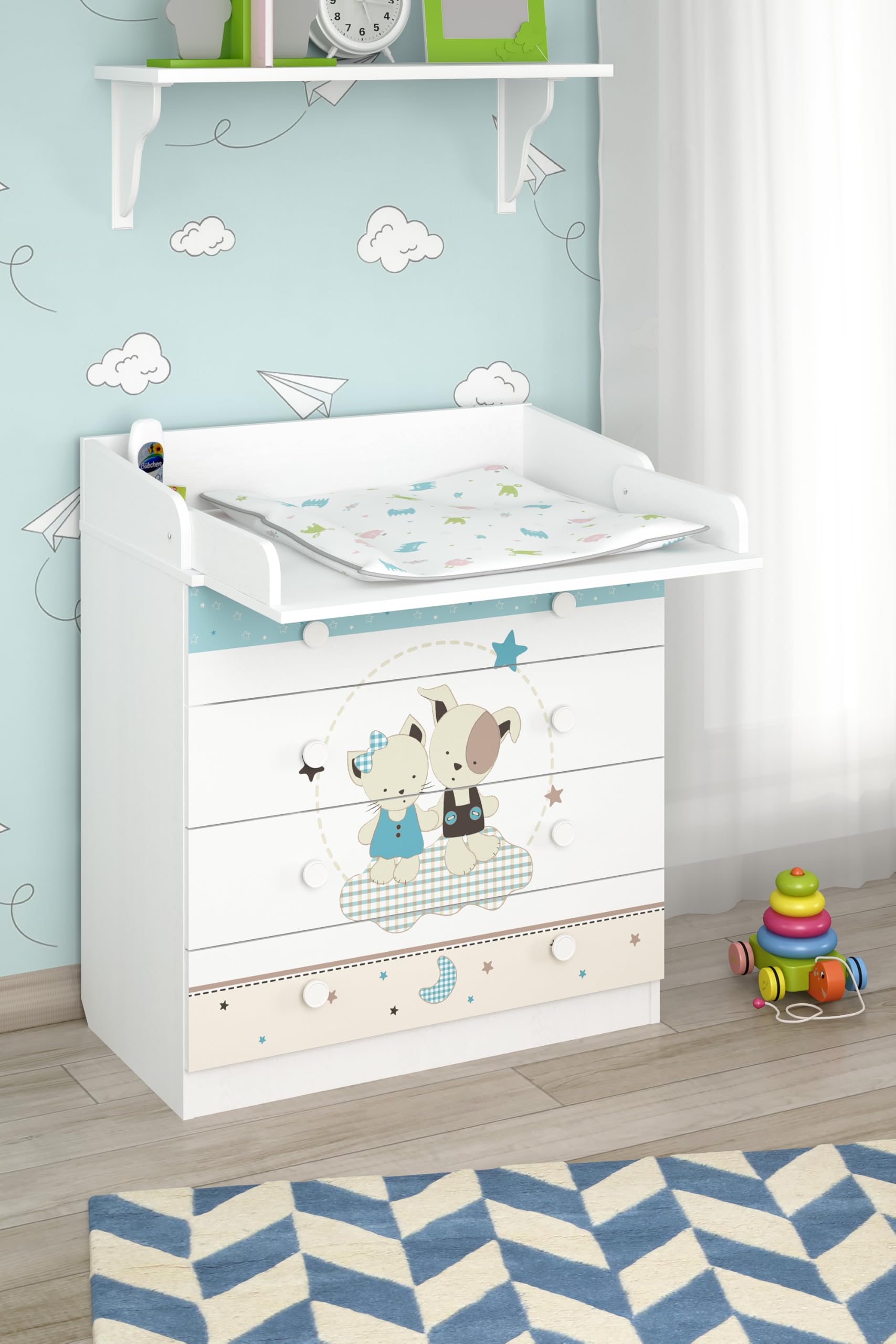 Shefa Kids Cómoda Cambiador Bebé con 4 Cajones y Superficie Plegable, Mueble Cambiador Infantil de Madera Aglomerada, Blanco, 80x48x92 cm