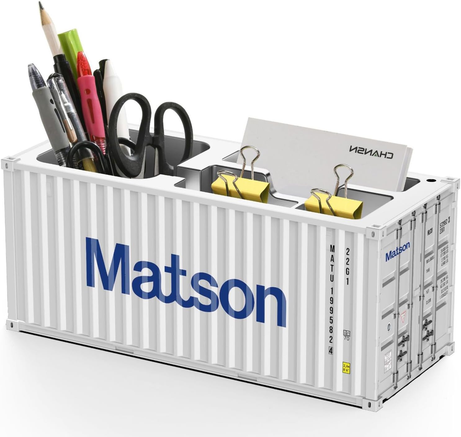 Desk Organizer, Pen Pencil Holder, Business Name Cards Holder, Shipping Container Model Storage Box, Secret Storage Box with Multiple Compartments Office Supplies Multi-function (Matson)