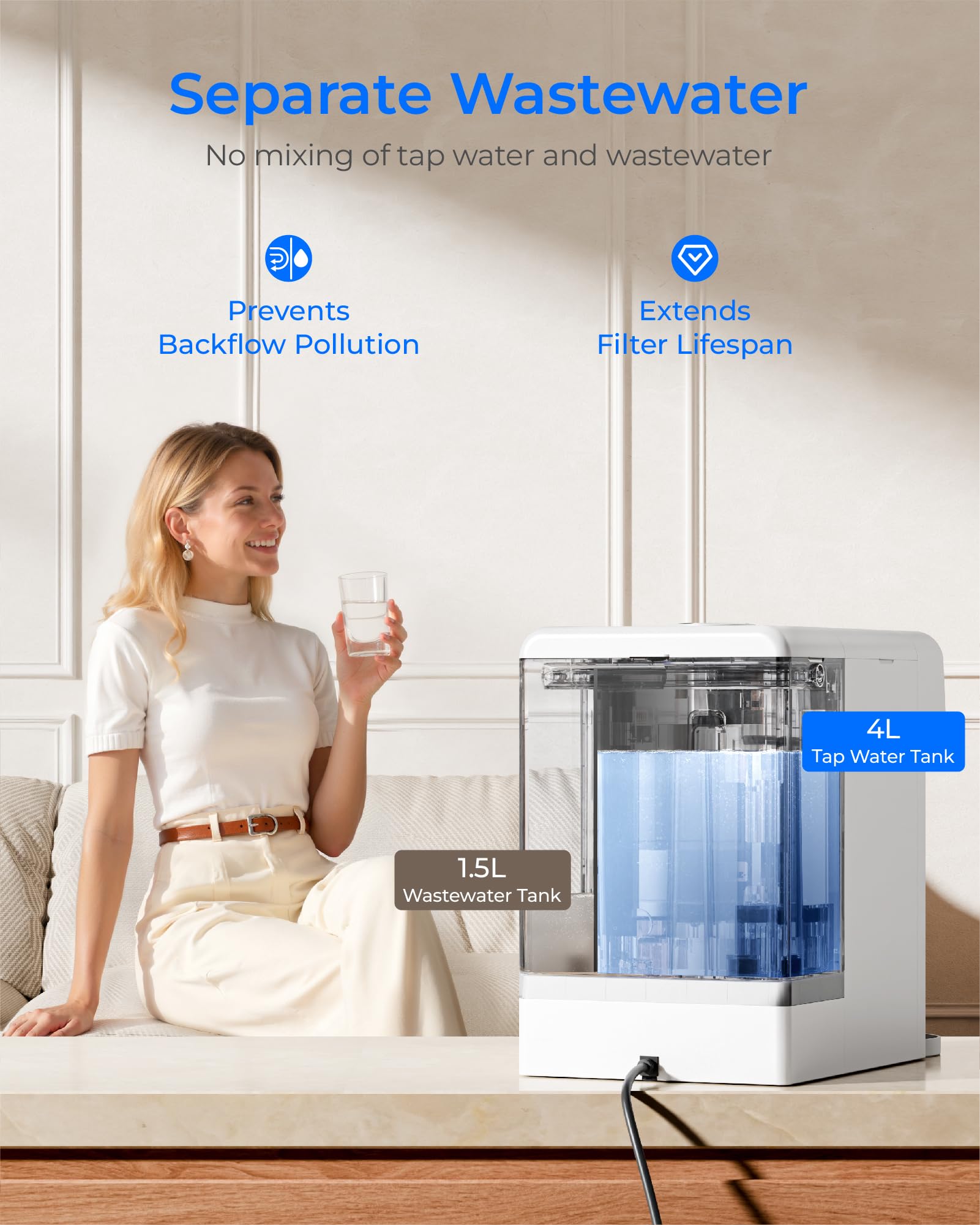 Waterdrop M6SL Mineralisiertes Auftisch Osmoseanlage, Raumtemperatur | Glaskaraffe, 8-Stufen-Filtration, 3:1 Rein- zu Abwasser, NSF/ANSI 58 & 372 Zertifiziert, BPA-frei