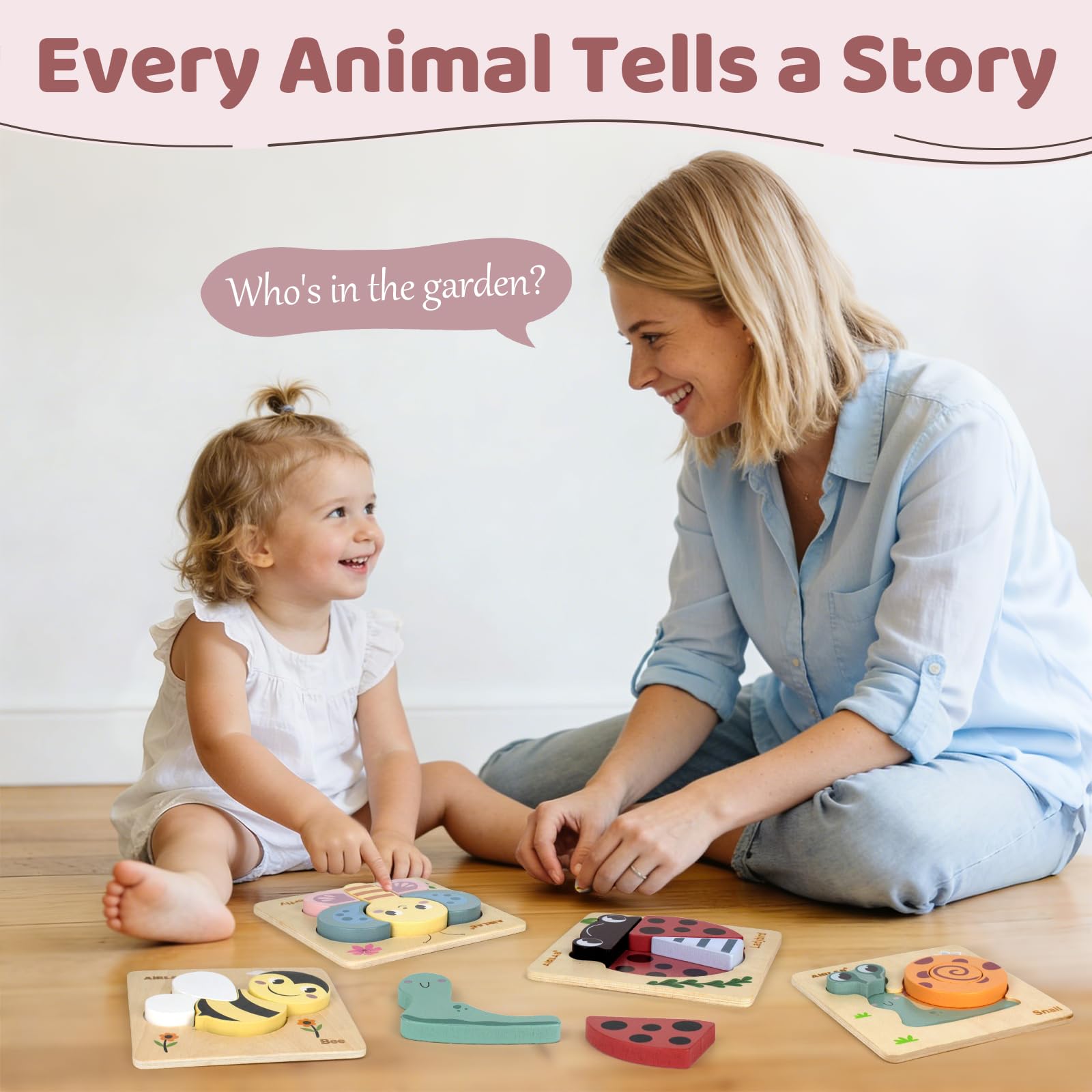 Airlab Puzzles Bois Bébé 1-4 Ans, Casse-têtes Jardin 3D avec Cadre et Sac, Jouet Éducatif Montessori