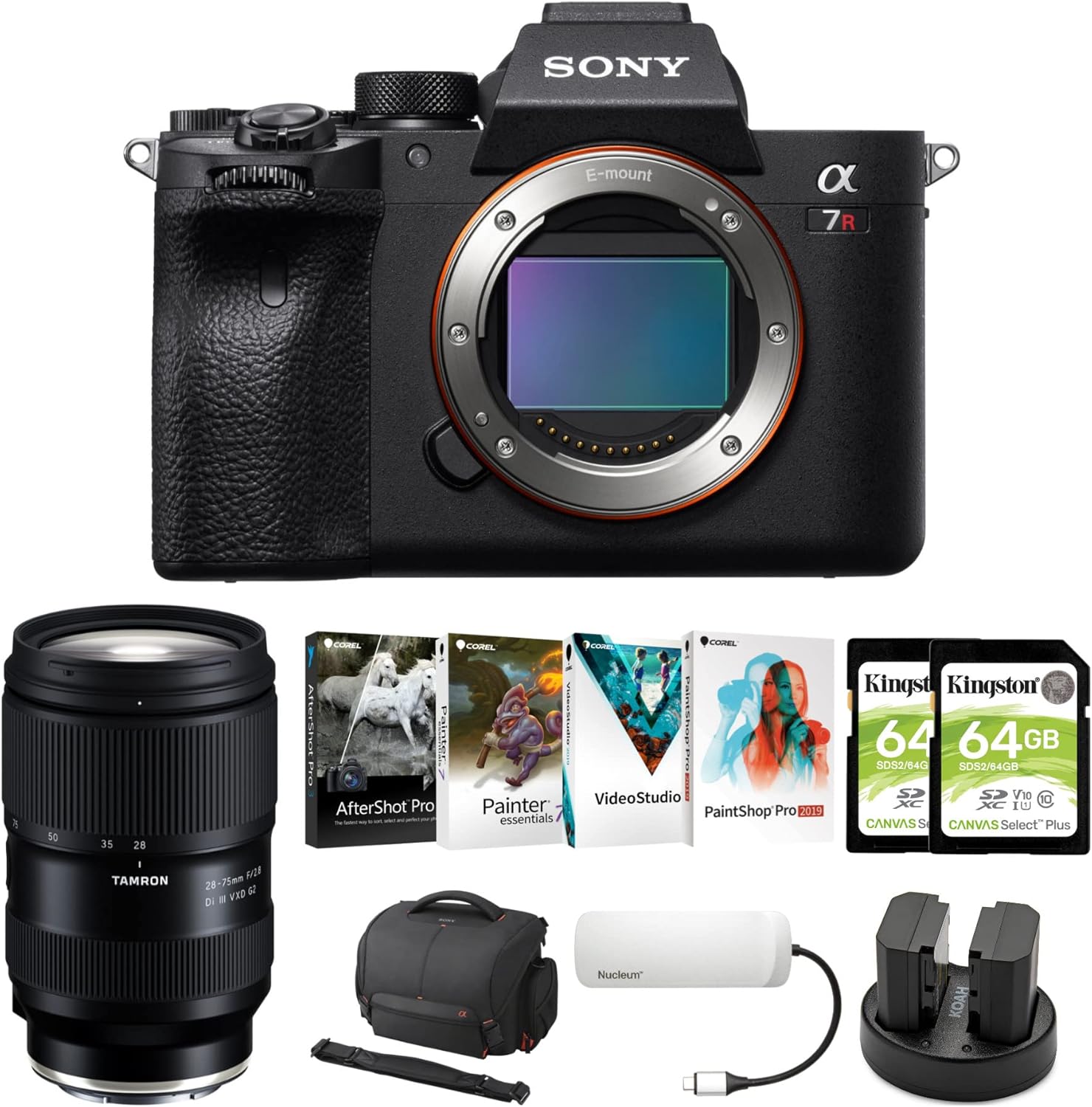 Sony 61MP Mirrorless Camera (Body Only) Bundle with 28-75mm Lens, Photo, Video, and Art Suite, 7-in-1 USB Hub, Battery and Dual Charger, Camera Case and Lens, and Memory Card (2-Pack) (8 Items)