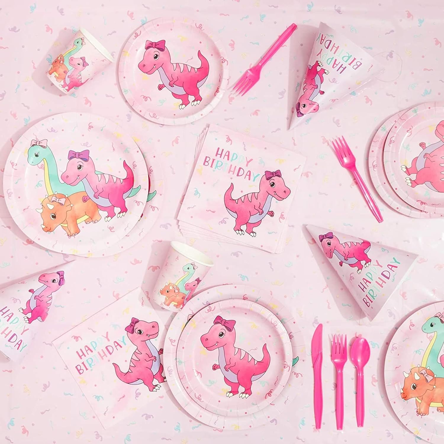 195-Piece Pink Baby Girl Dinosaur Birthday Party Supplies with Plates, Napkins, Cups, Cutlery, Banner, Hats, Table Covers (Serves 24) - Pastel Pink Dinosaur Party Decorations