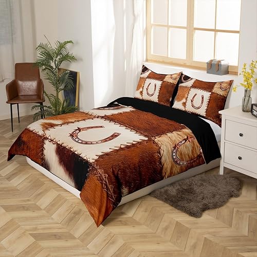 Miniatura 2 de Juego de ropa de cama de cuero vacuno occidental con estrella de Texas dorada, funda de edredón con estampado de herradura de animales de granja,