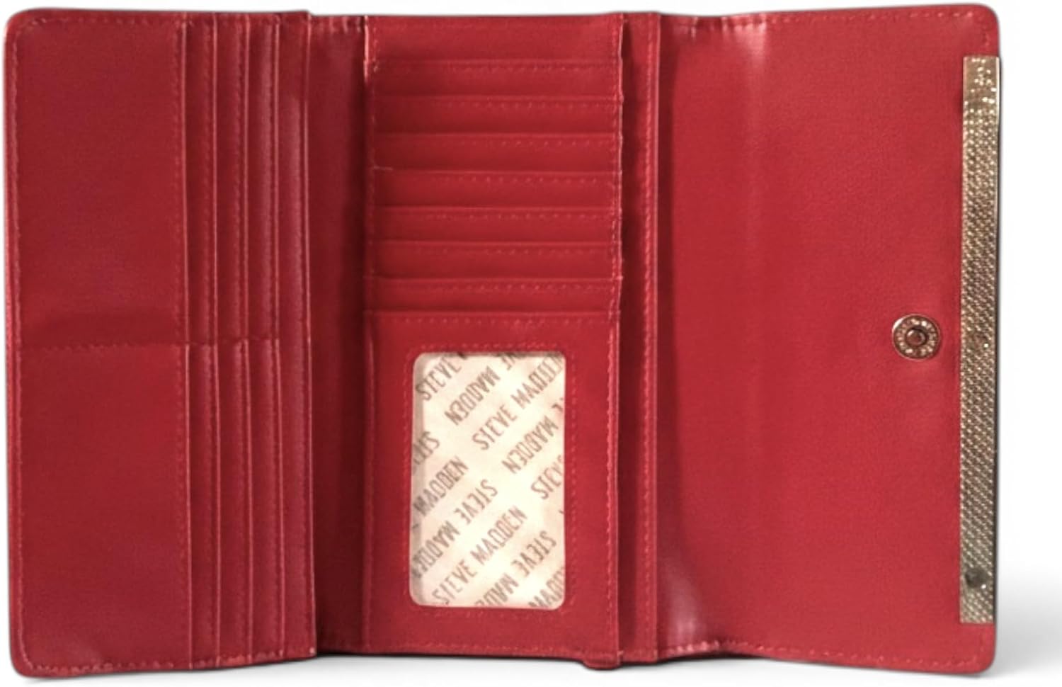 Steve Madden Women's Logobar Trifold Wristlet Wallet (Red Pebbled w/Silver)