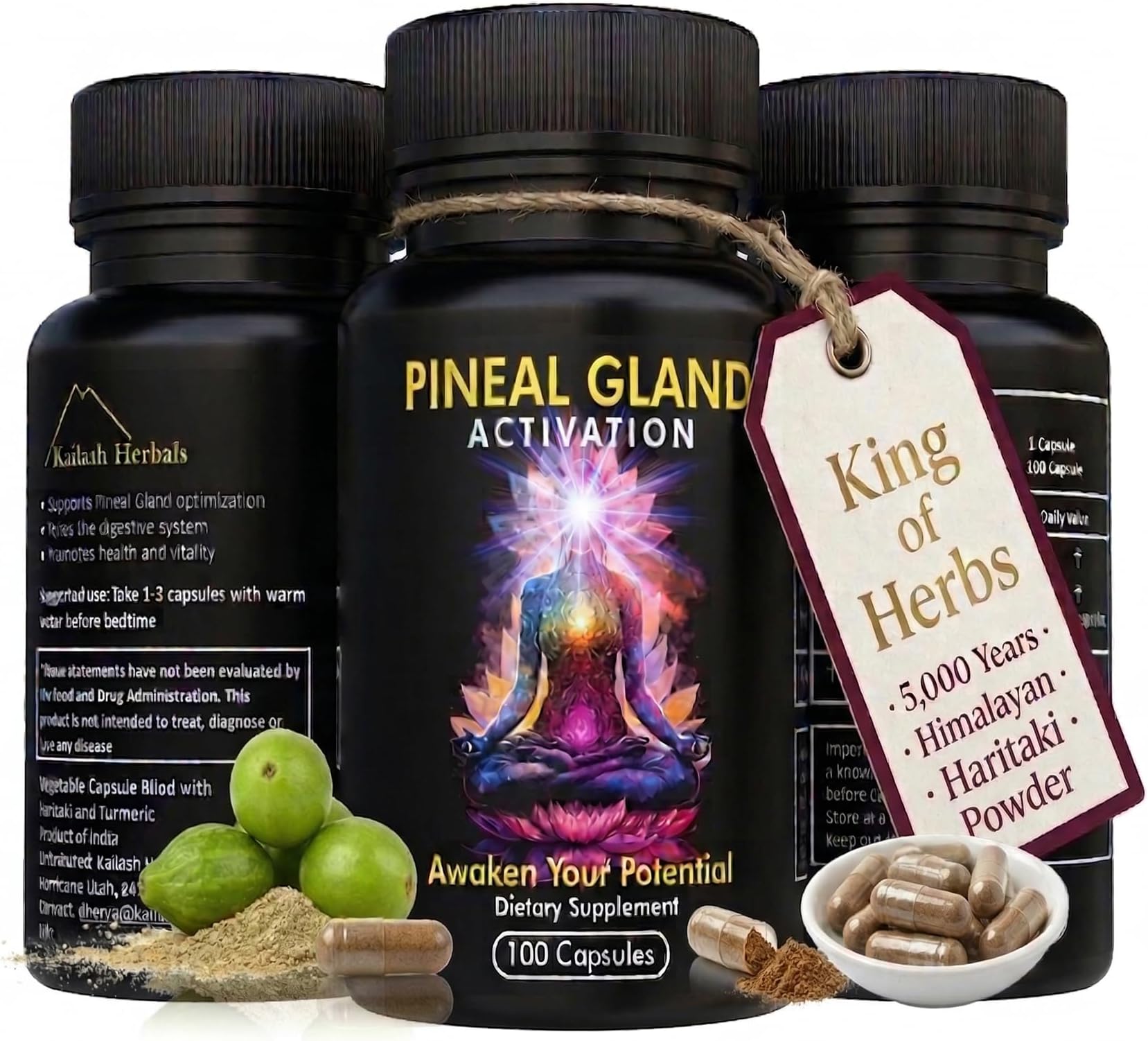 Kailash Herbals Pineal Gland Activation – Haritaki & Turmeric for Third Eye Awakening, Decalcification Support & Mental Clarity – King of Herbs – 5,000 Year Ayurvedic Formula – 100 Vegan Capsules