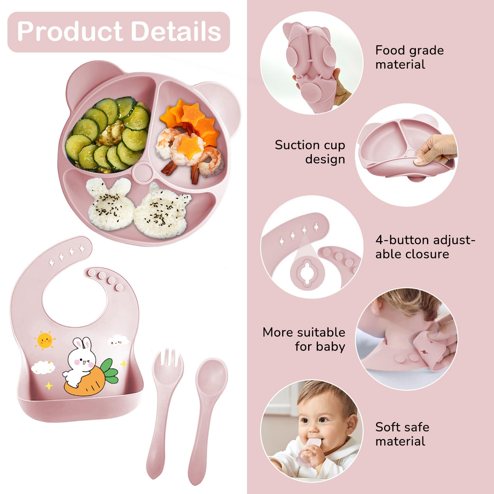 11 Pezzi Set Pappa Svezzamento, Svezzamento Set Silicone Piatto con Ventosa Piatto Ciotola Tazza Bavaglino Cucchiaio Forchetta, Set di Posate per Bambini per Lo Svezzamento e L'Alimentazione (Rosa1)
