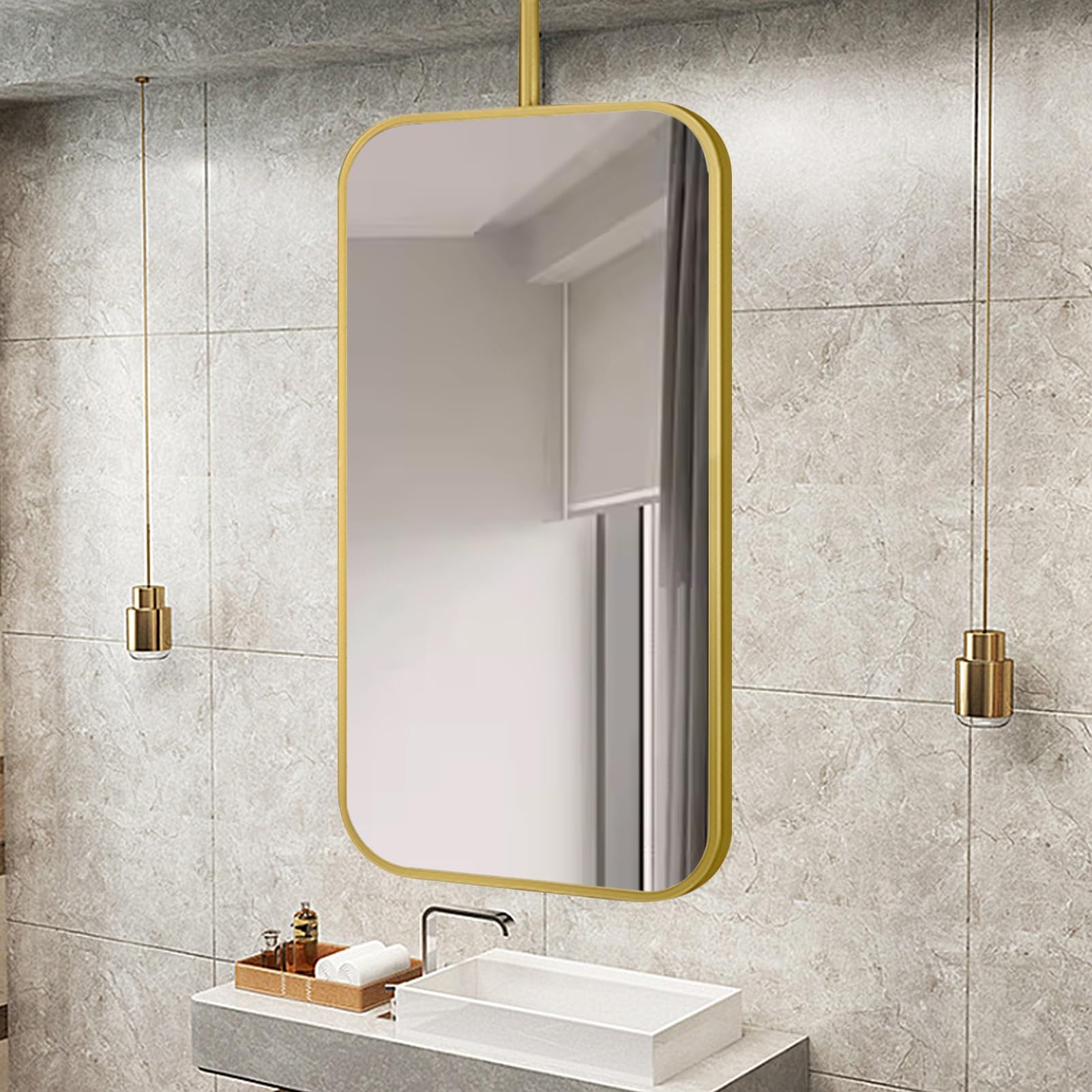 Lustro sufitowe z drążkiem do zawieszania, wiszące lusterko do makijażu i golenia, do łazienki w domu lub hotelu – kompletne wyposażenie (rozmiar: 50 cm x 70 cm)