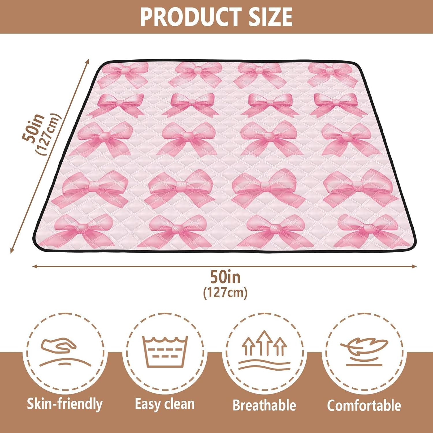 Baby Play Mat Pretty Pink Bow 50 x 50 Playpen Mats for Floor Play Gym Crawling Mat Non-Slip Cushioned Baby Playmat for Infants, Babies, Toddlers