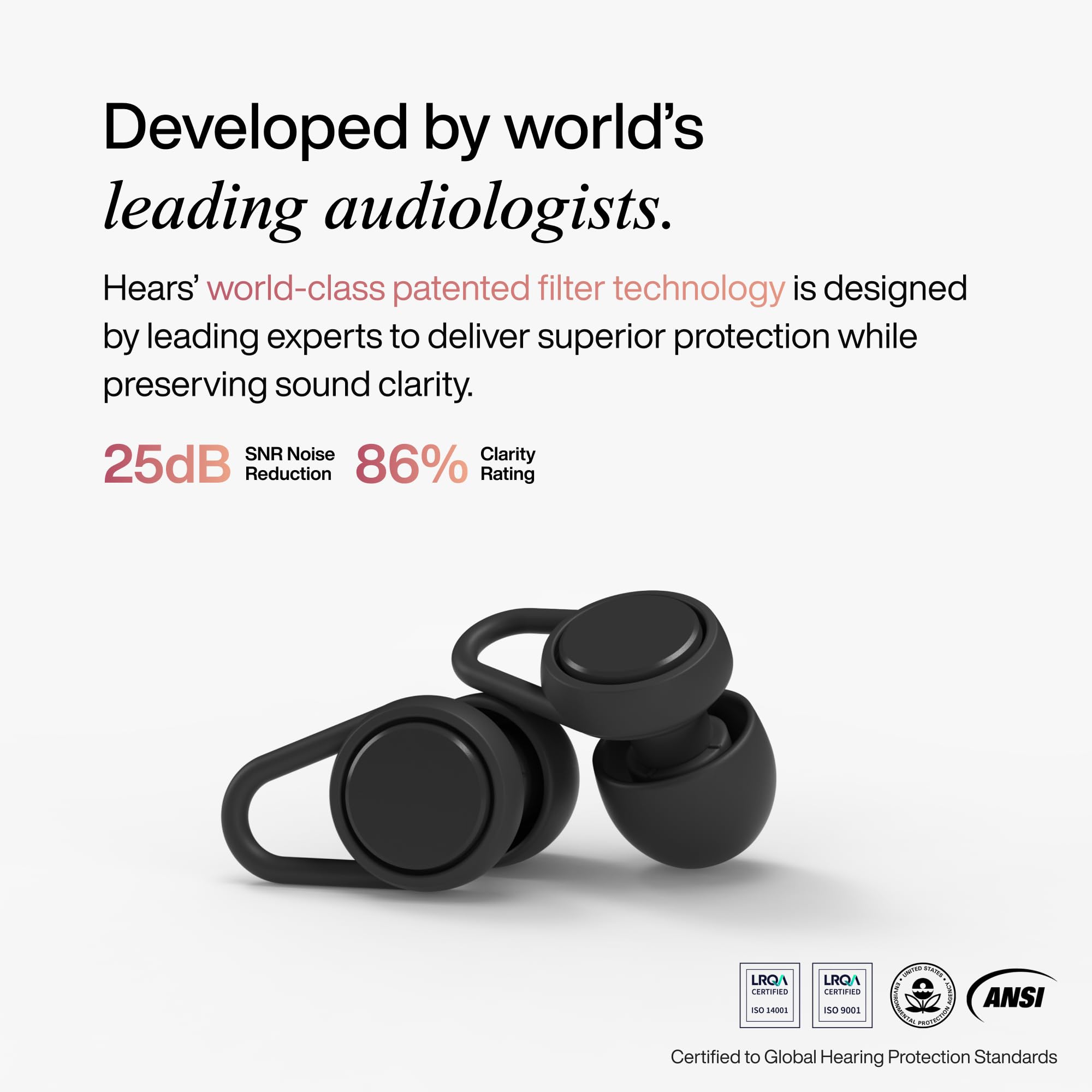 Hears Plus Tapones para los oídos de alta fidelidad, reducción de ruido mejorada para eventos ruidosos, enfoque, viajes y sensibilidad al ruido, protección auditiva certificada SNR de 25 dB, puntas