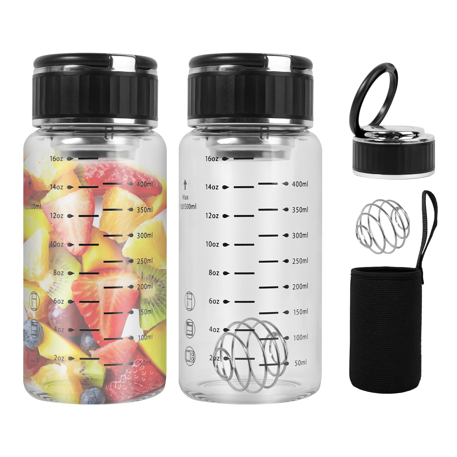 Photo 1 of 2 Pack 16oz/500ml Glass Shaker Bottle with Lid Handle, Glass Water Bottle, Wide Mouth Sport Nutrition Bottle Measuring Marks (ml/oz), for Protein Mixing, Juices, Iced Tea,Milk,Coffee,Juice Jars