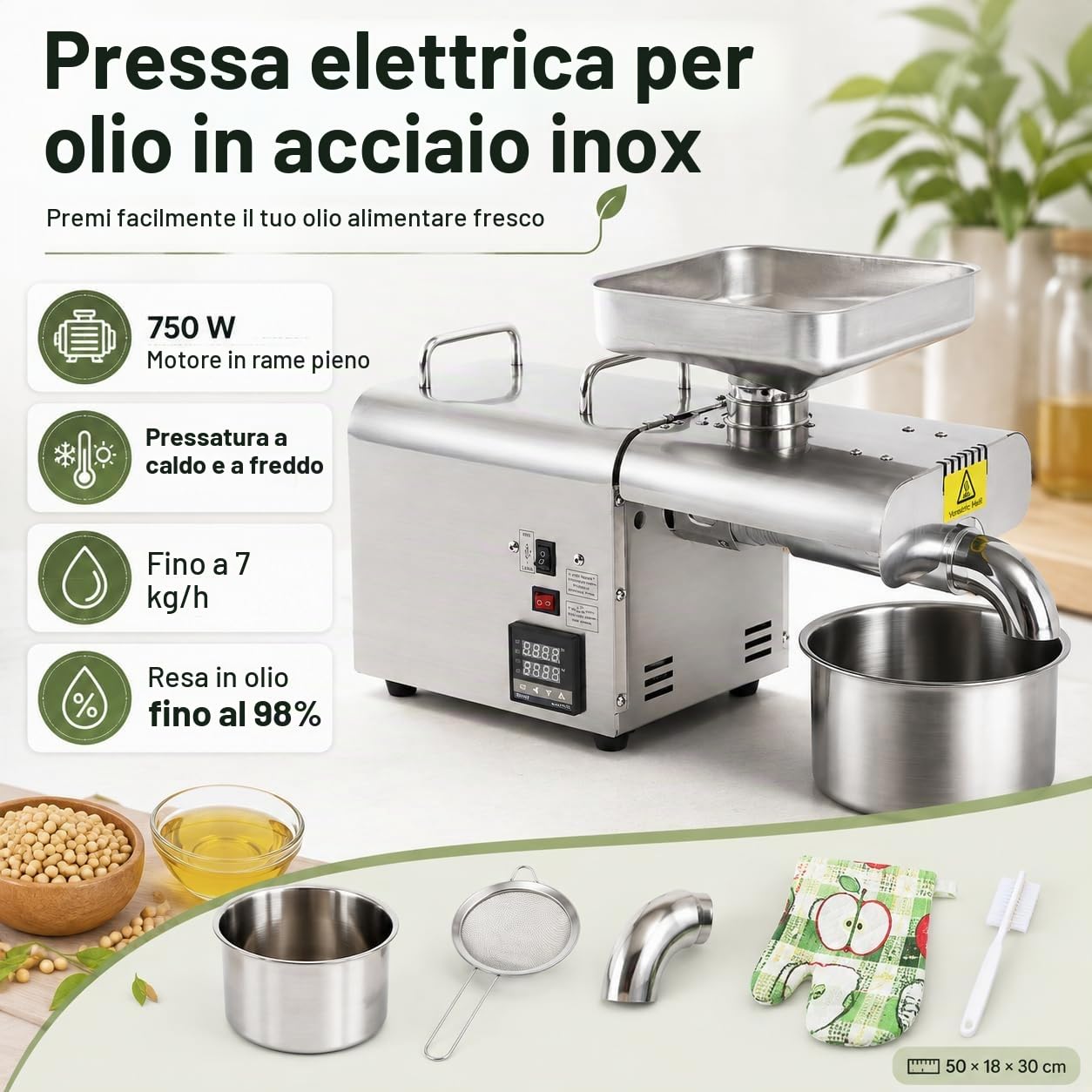 MINRS Pressaolio automatica da 750 W, in acciaio inox, frantoio e estrattore di olio