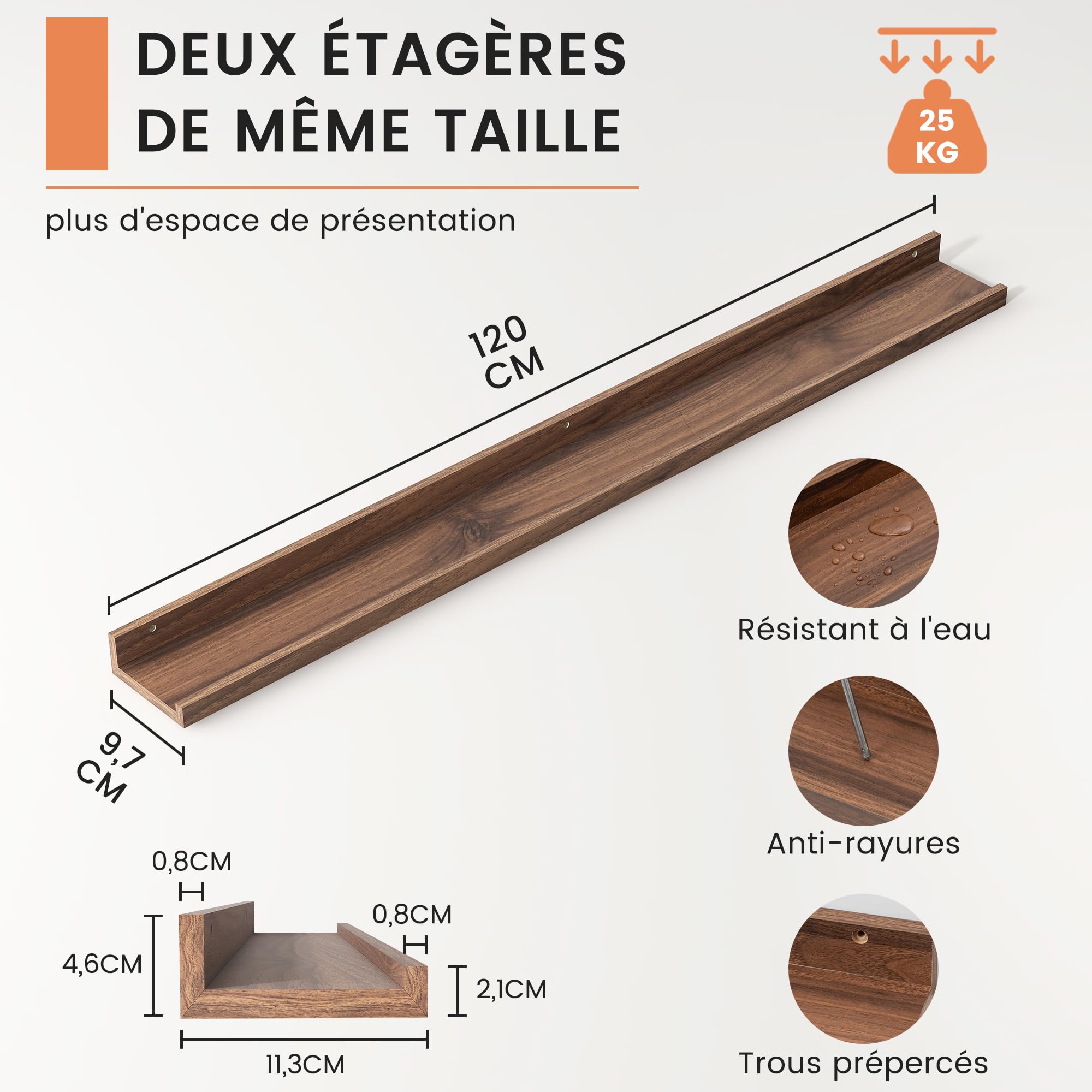 FLYJOE Étagères Murales Flottantes, 120 cm Étagère Photo Murale en Bois Composite, Tablettes Murales Forme U pour Livres d’Enfants, Salon, Cuisine & Chambre, Noyer, Lot de 2