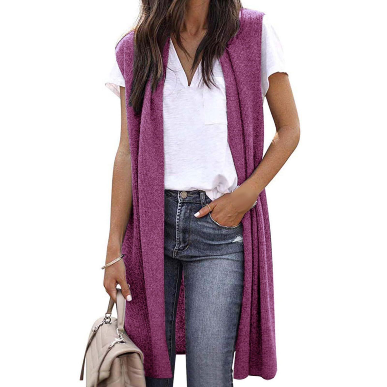 Generisch Cárdigan largo de punto para mujer, cárdigan sin mangas, chaqueta ligera informal de verano, elegante, con frente abierto, suéter de punto ligero, chaleco de verano, blusa, cárdigan largo