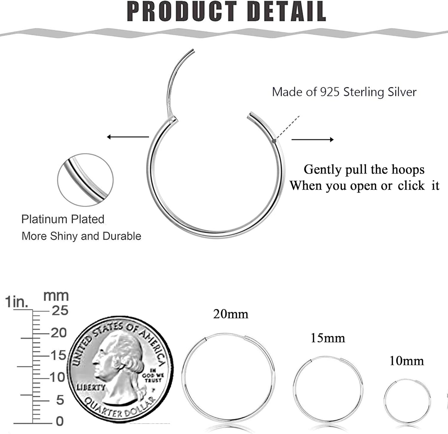 Sllaiss 3 Pairs 925 Sterling Silver Small Hoop Earrings For Women Men Round Endless Hoop Earrings Set Lightweight 10MM 15MM 20MM - Image 4
