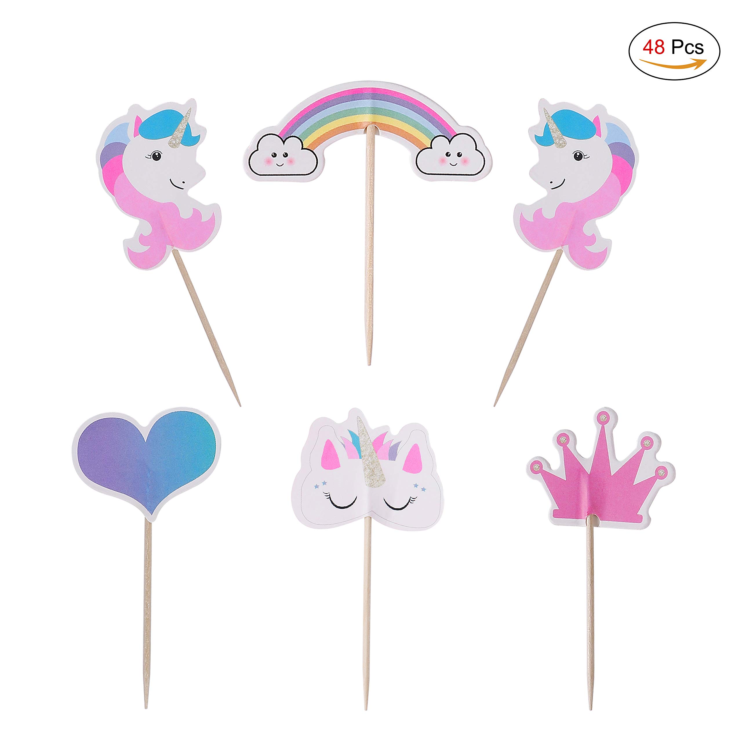 MengH-SHOPCupcake Toppers Rainbow Heart Crown Cake Toppers for Kids Baby Girls Themed Party Birthday Cake Decoration 48 Pieces