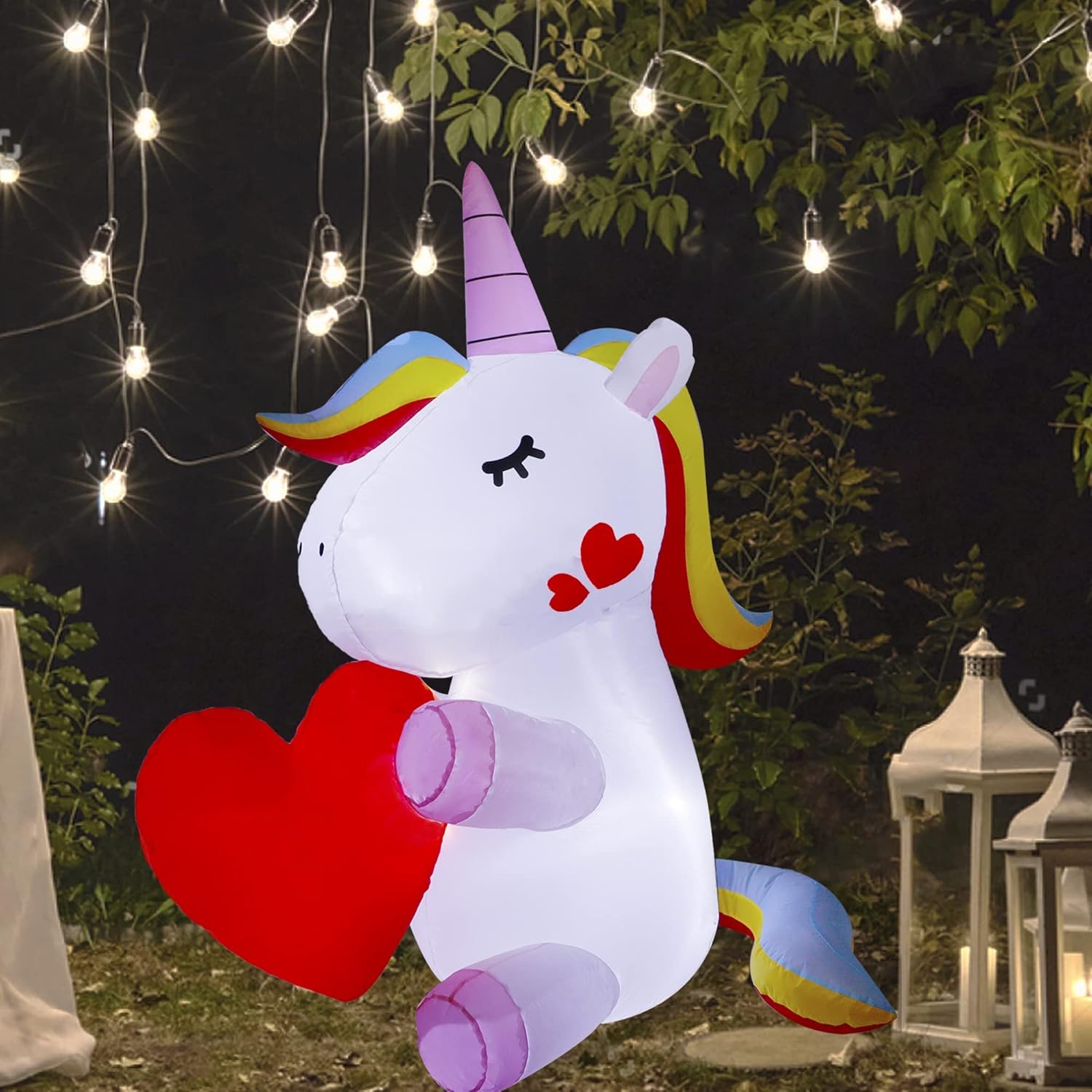 Lulu Home Lighted Yard Decorations, 5 FT Large Inflatable Light Up Unicorn Holding A Red Heart, Valentine's Day Blow Up Adorable Rainbow Colorful Unicorn Outdoor Indoor Party Display Decor : Patio, Lawn & Garden