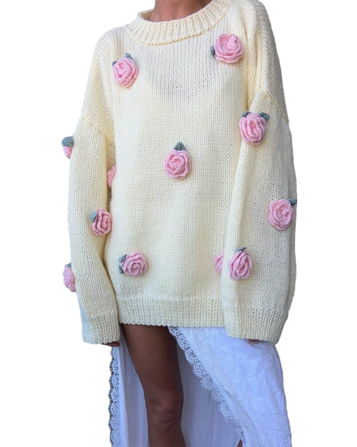 PDLCVD Damen-Pullover in Übergröße, handgefertigt, gehäkelter Aufkleber, 3D-Rose, Herbstpullover für Damen, Design inspirierter Pullover