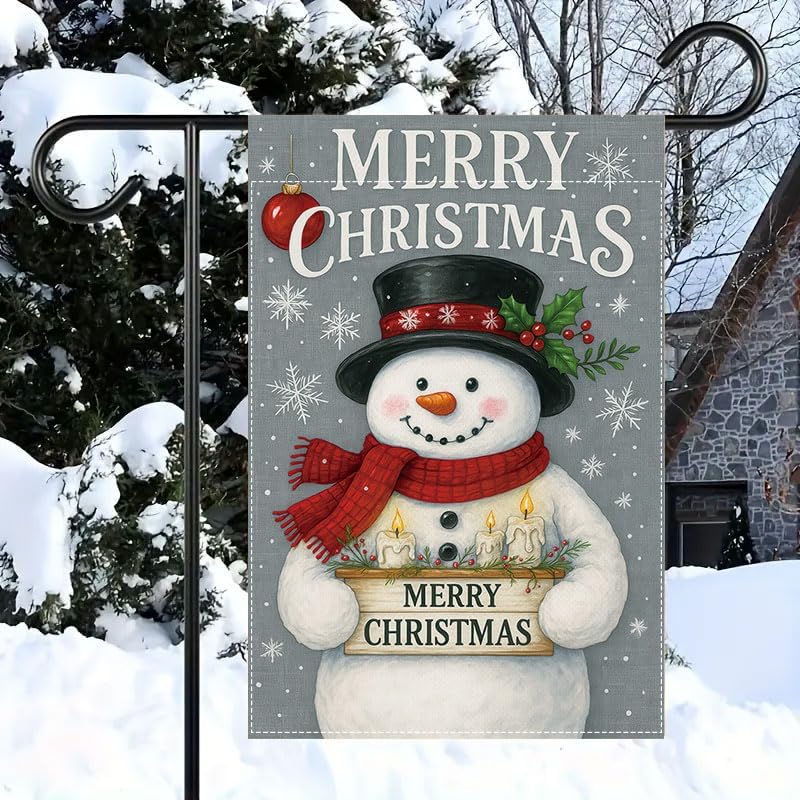 Miniatura 14 de Bandera de jardín de Navidad de 12 x 18 pulgadas, muñeco de nieve de Feliz Navidad con bandera de ciervo y cardenal, bandera de invierno para patio