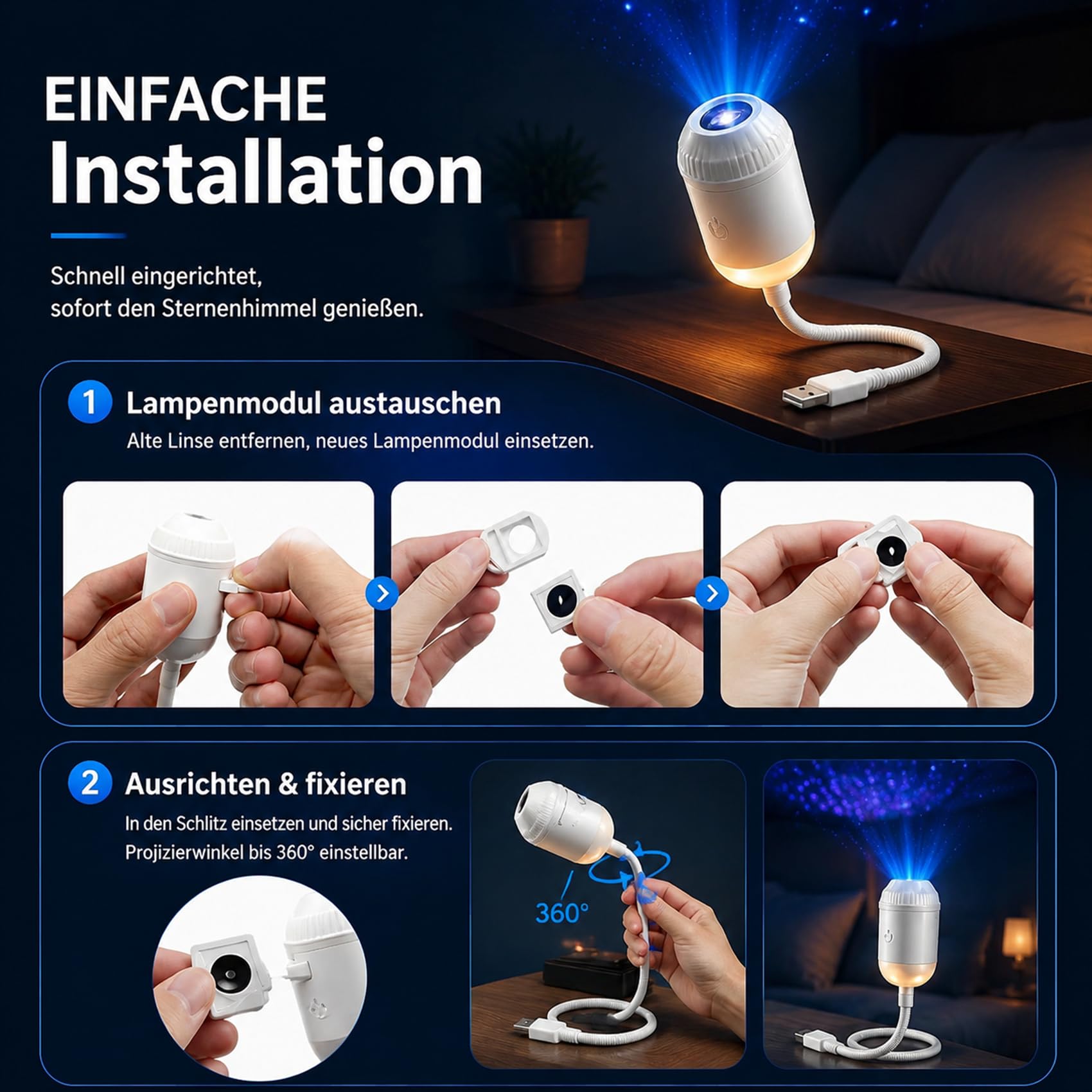 Comauo Night Light Projector, 2-In-1 Plug-and-Play HD Star Projector, Smart Holografischer 5D Sternen- & Ozeanprojekt, Eine Reihe Von Projektionsfolien mit Einstellbarer Helligkeit (Mit 24 Filmen)