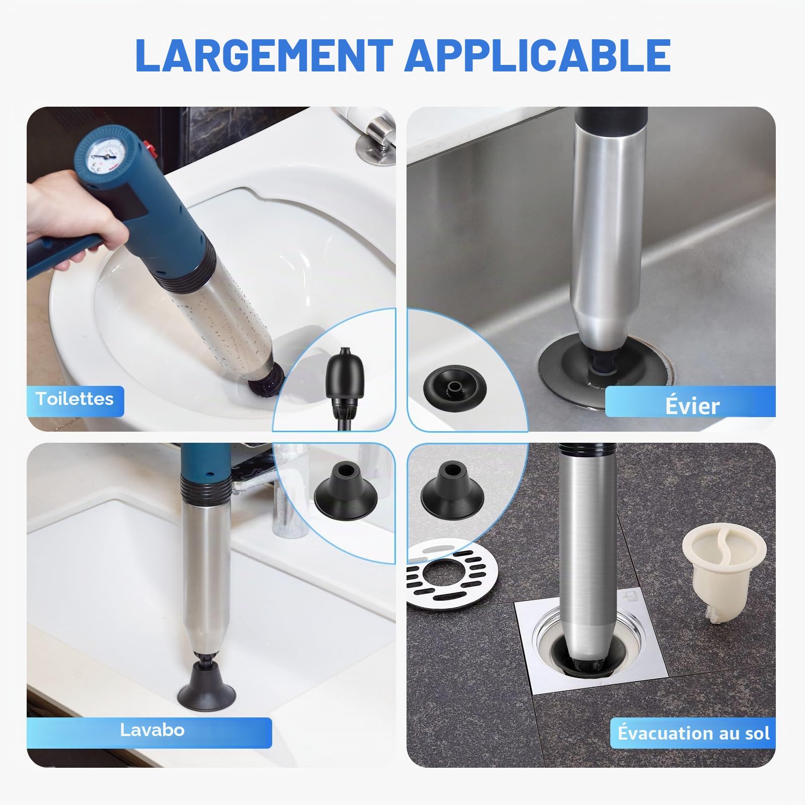 Deboucheur Canalisation Professionnel avec Baromètre, Déboucheur Canalisation avec 4 Ventouses, Gants et Pince à Griffes, Électrique Deboucheur WC pour Toilettes, Tuyaux de Cuisine