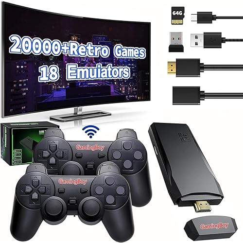 GamingBoy Wireless Retro Game Console Stick, Upgrade Retro Video Gaming Stick Built in 20000+ Games with 18 Emulators, 4K HDMI Output with 2 Pack 2.4G Wireless Controller for Nostalgia Gifts- 64GB