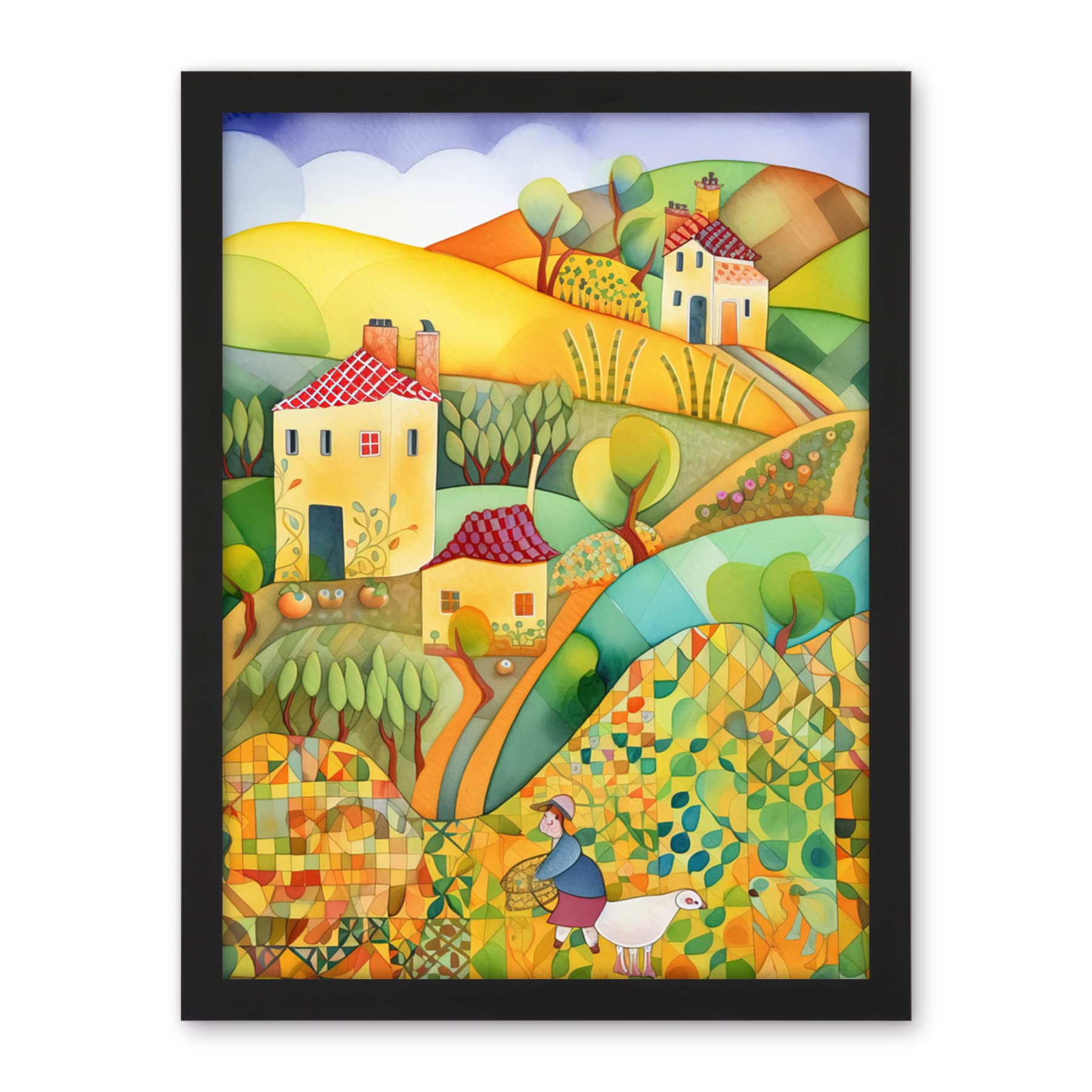 Artery8 Countryside Farming Folk Art Watercolour Painting Artwork Framed Wall Art Print 18X24 Inch