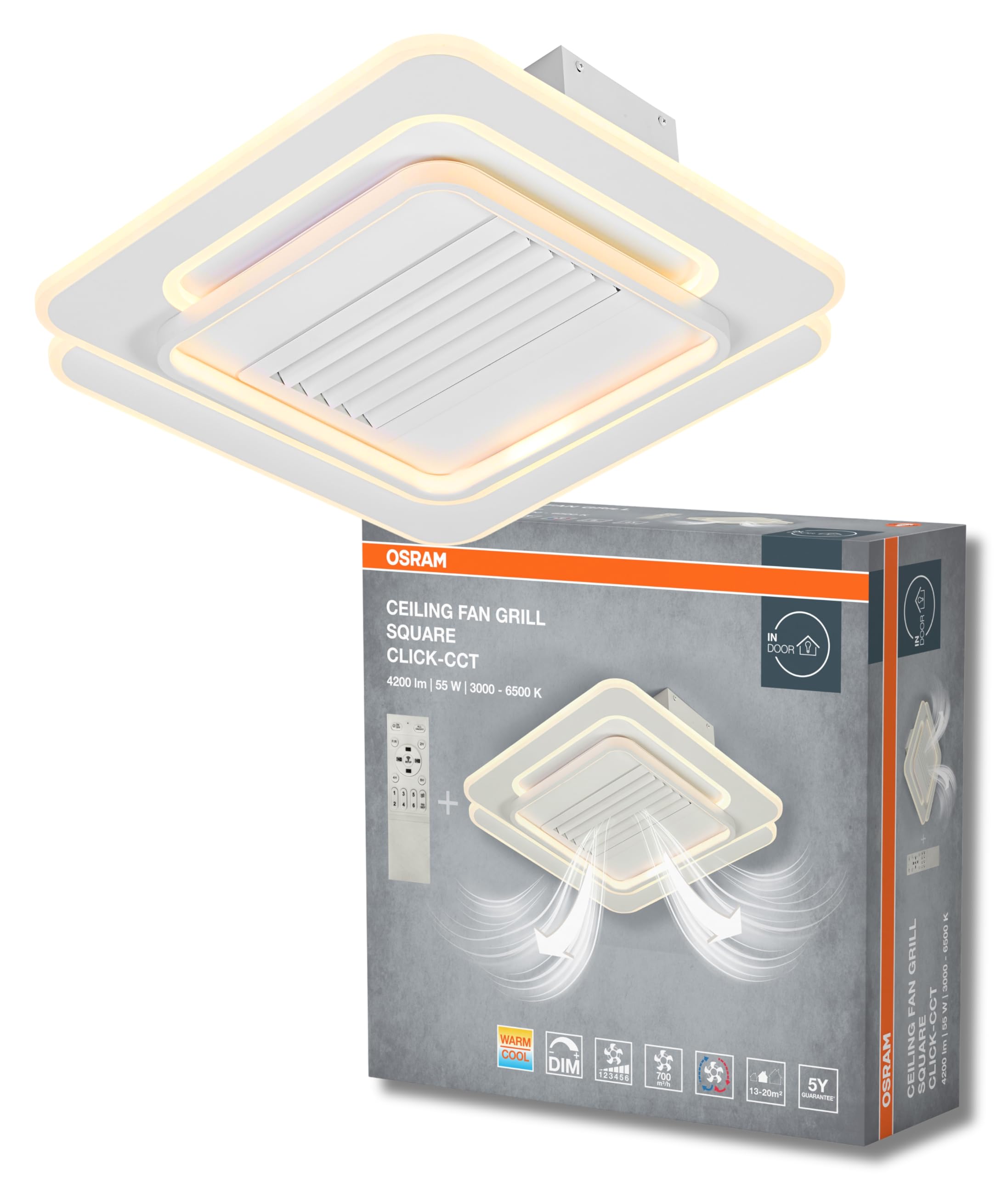 Osram Deckenlicht/-ventilator quadratisch, 55W, CCT, IP20 für den Innenbereich, weiß, dimmbar