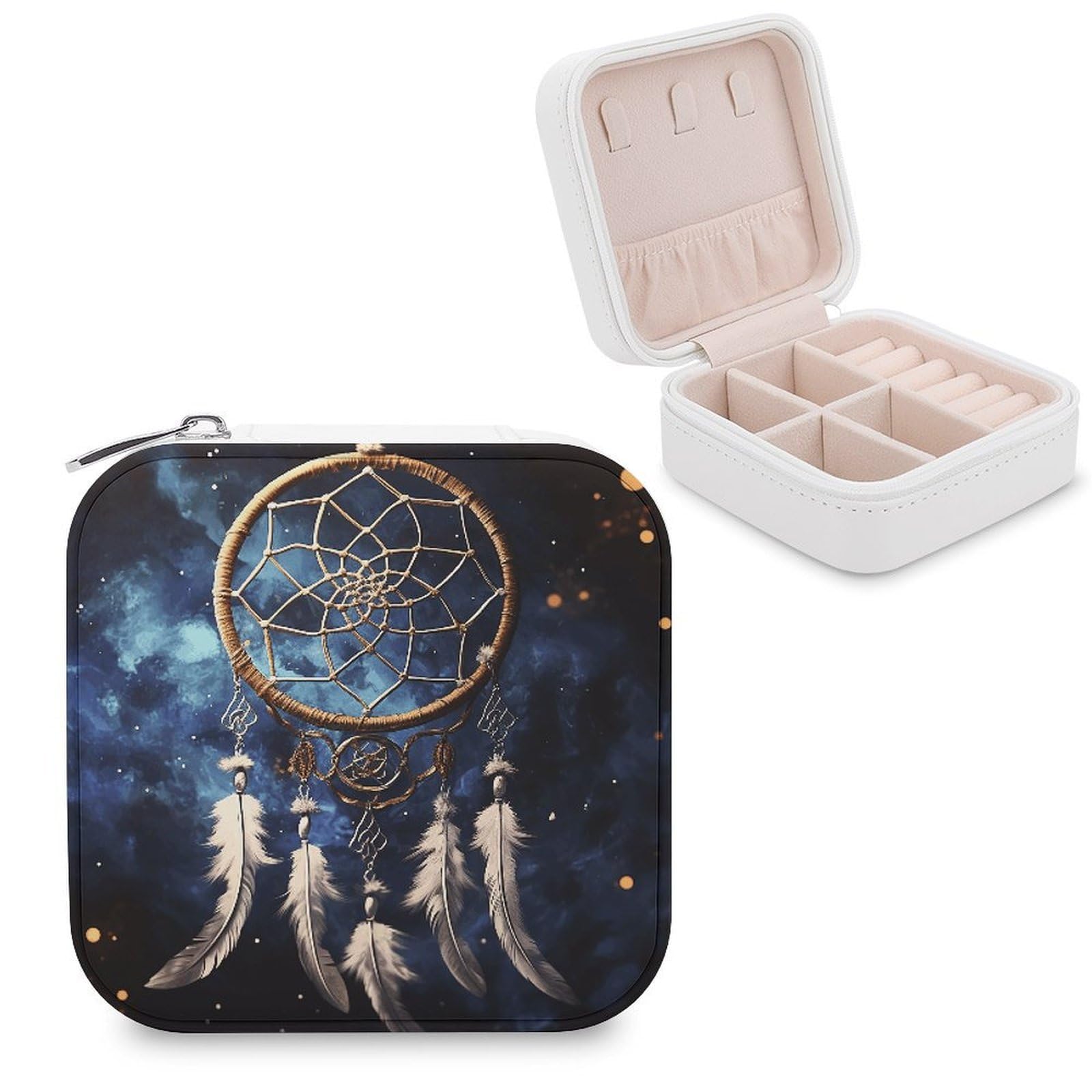 VstaDank White Fantasy Dream Catcher Jewelry Box for Women Custom Travel Jewelry Case Personalized Travel Jewelry Boxes Small Portable Jewelry Organizer Box for Rings Necklaces Bracelets Earring