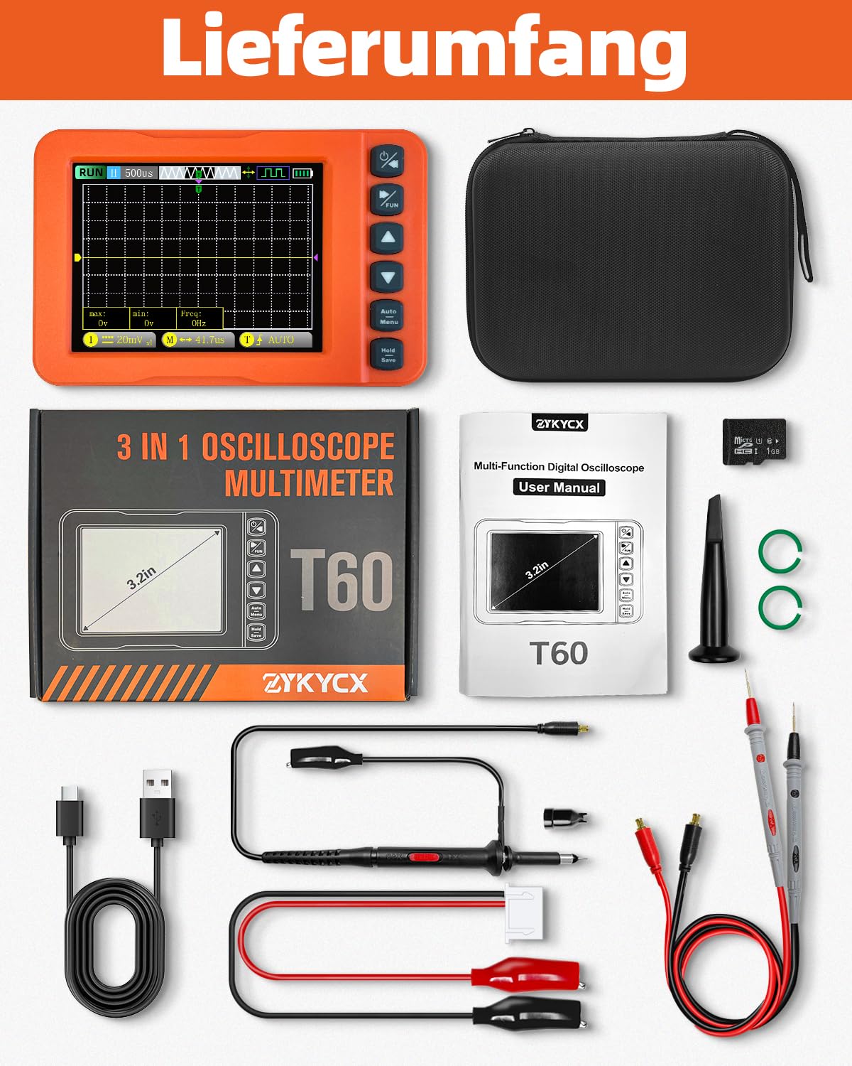 Handheld Oszilloskop 3 IN 1, 15MHz 60MS/s Digitales Oszilloskop Multimeter mit Signalgenerator, Tragbares Oscilloscope mit AC/DC-Spannung, Kapazität, Widerstand, Diodentest für Audio Elektronik