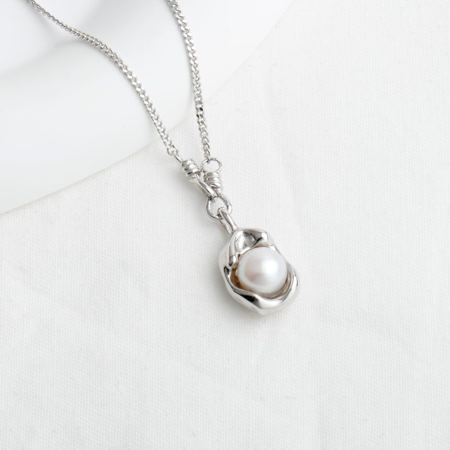 Irregular Bean Charm Necklace 925 Sterling Silver Single Pearl Minimal Everyday Necklace, Dainty Gift for Her