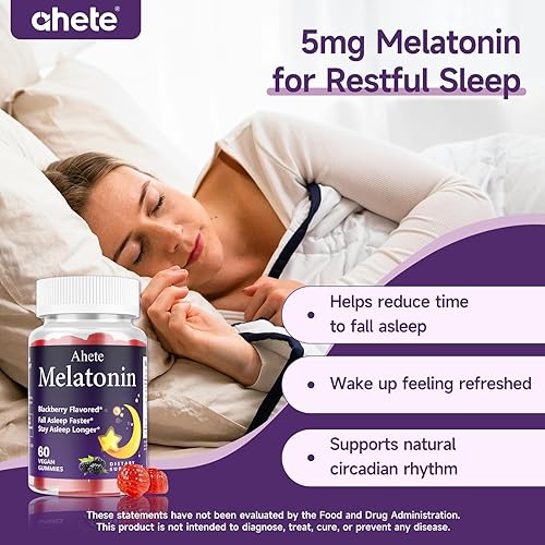 Miniatura 6 de Ahete Gomitas de melatonina de 5 mg para adultos, ayuda para dormir con sabor a frambuesa, sin azúcar, 120 gomitas, suministro para 120 días