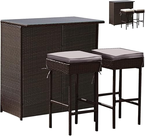 Tangkula Juego de bar para patio, juego de 3 piezas de mimbre de ratán para exteriores con 2 cojines y mesa superior de cristal, cubierta gris y