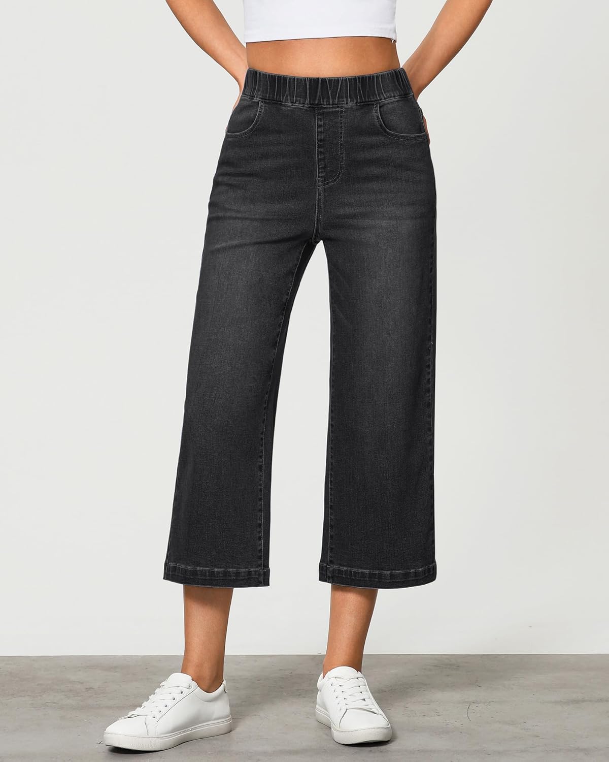 GRAPENT Capri Jeans for Women Wide Leg High Waisted Effortless Flow Pull On Stretchy Denim Elastic Waist Pants with Pockets - Image 3