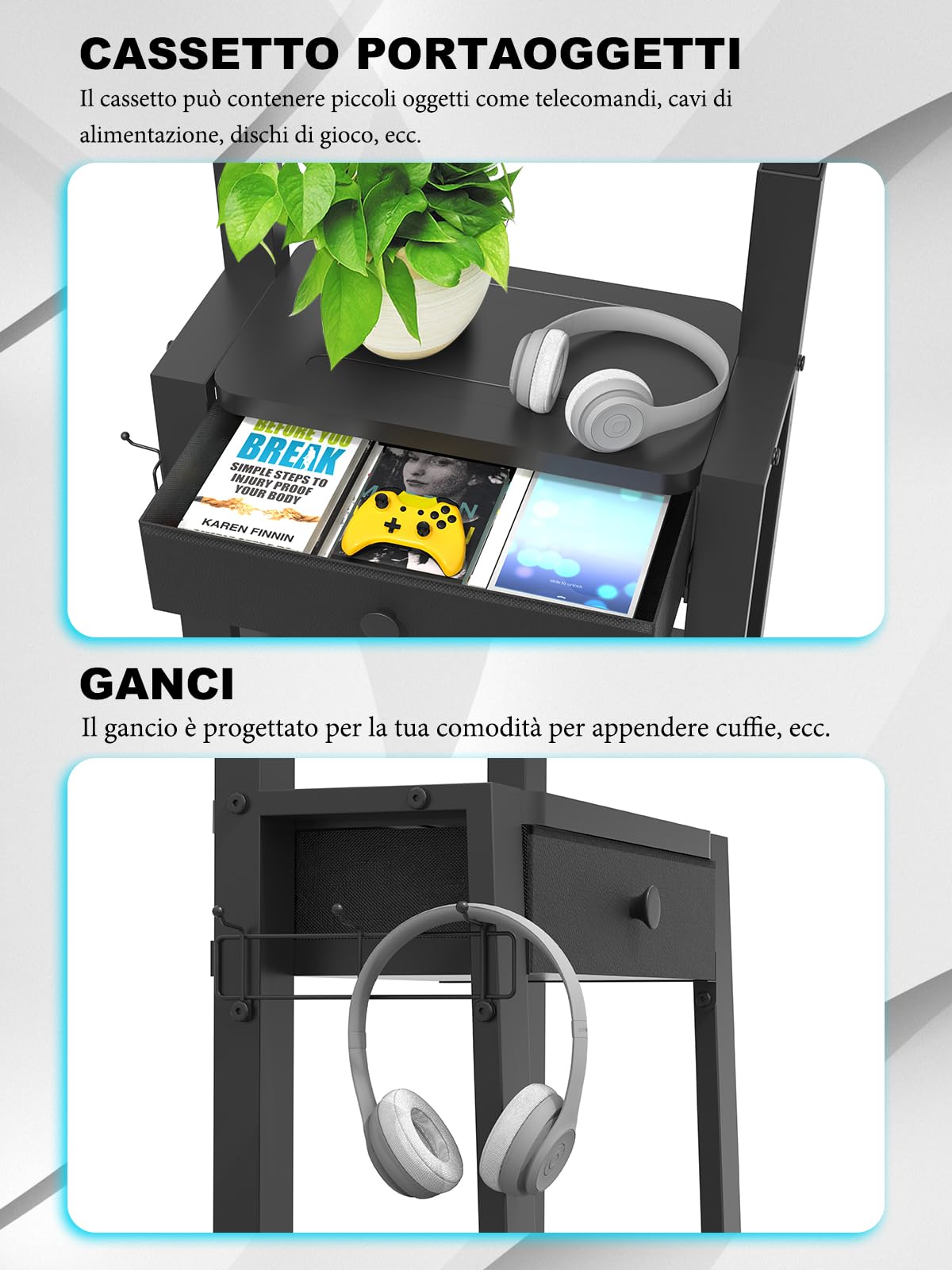 Supporto TV con cassetto in tessuto, per schermo piatto/curvo da 32"-75", fino a 200 libbre LCD/LED/OLED, carrello per TV mobile con ruote per casa ufficio all'aperto Max VESA 600 x 400 mm, nero