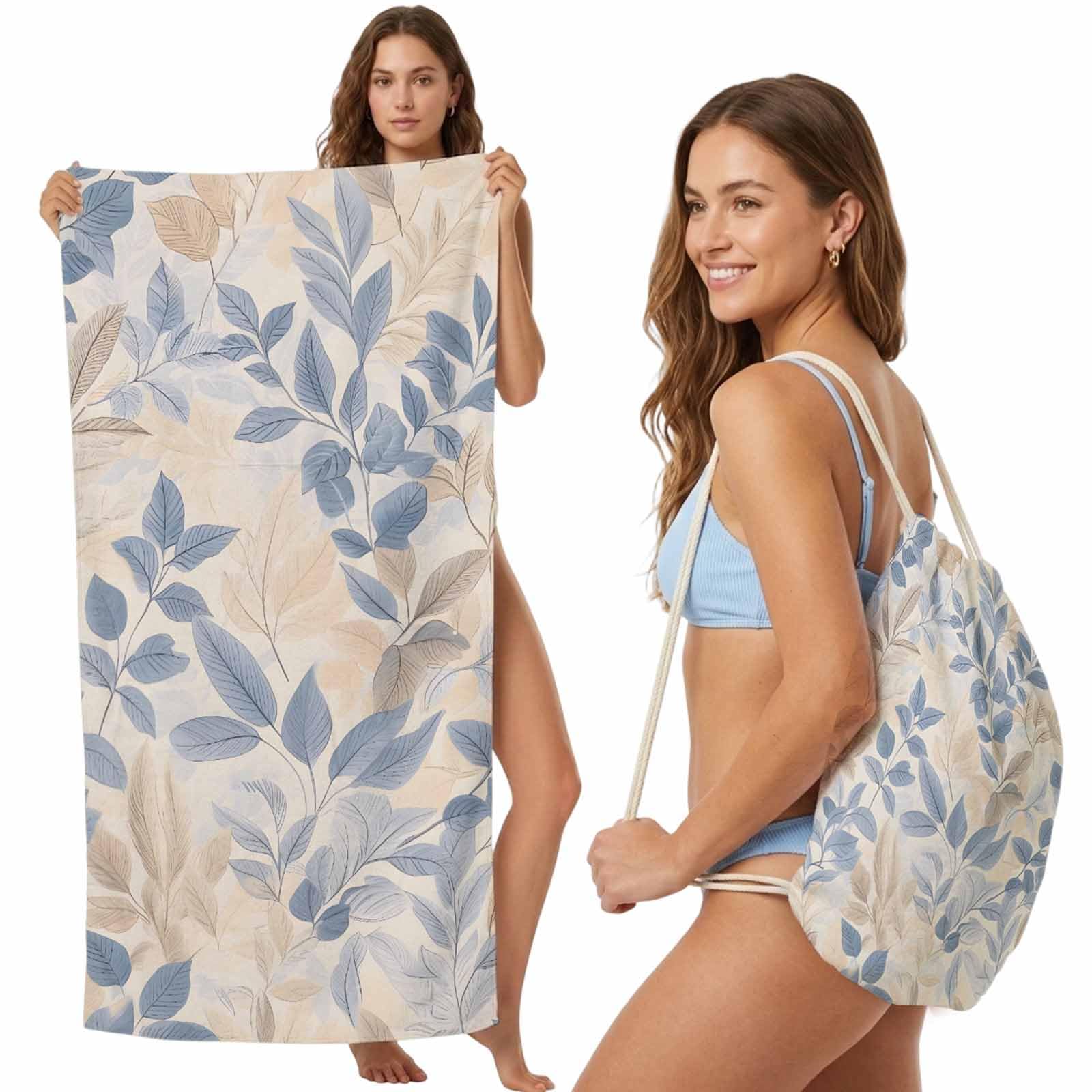 FWJZDSP Beach Towel Backpack Convertible Blue Eucalyptus Leaves Sand Free Quick Dry Towel Bag Vintage Beach Towel with Adjustable Straps for Travel Swimming Pool Beach Accessories 31.5x63in
