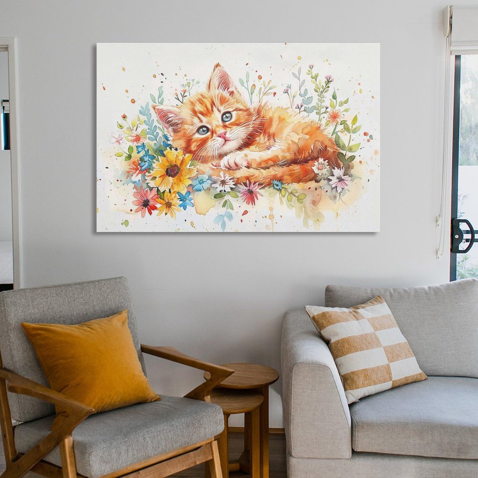 Amazon.co.jp: 絵画 花の中に横たわるかわいい子猫 アートパネル