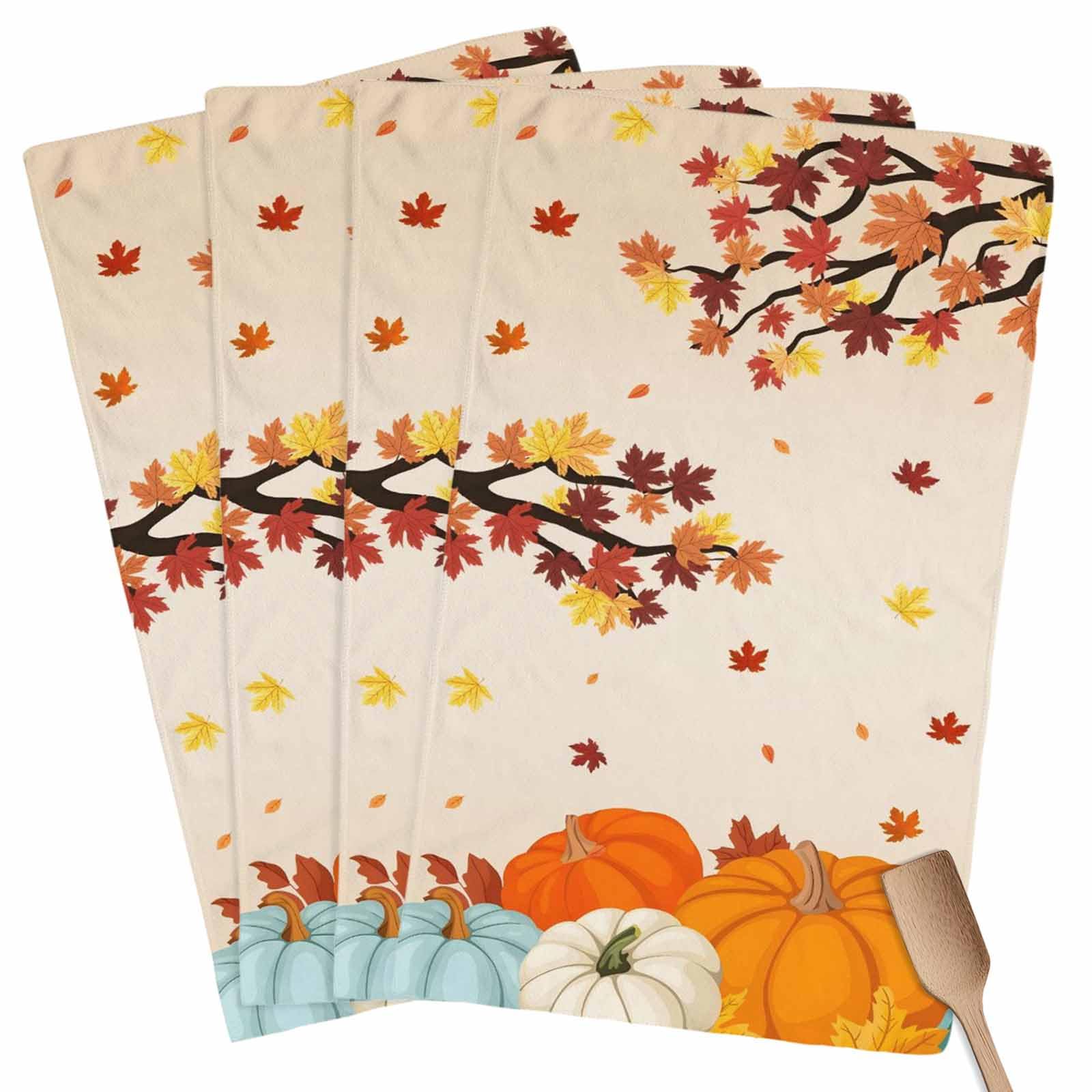 Fall Kitchen Towels Orange Pumpkin Thanksgiving Hand Towels Maple Leaf Tree Dish Towel Cleaning Cloth Soft Absorbent Quick Drying 4 Pack Dish Cloths for Kitchen, Bathroom Autumn Decoration