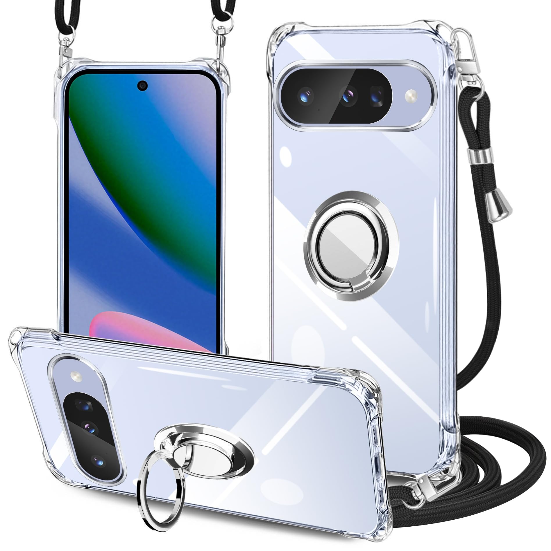 Google Pixel10 ケース クリア pixel 10 カバー ネック リング付き ショルダー 耐衝撃 対応 グーグルピクセル10 ケース 肩掛け 斜めかけ 縄掛け 透明 TPU ストラップ付き 携帯カバー 薄軽型 紐付き ネックストラップ ショルダー 肩掛け 縦/横2WAY 長さ調整可能 取り外し可能（縄掛け-ブラック）