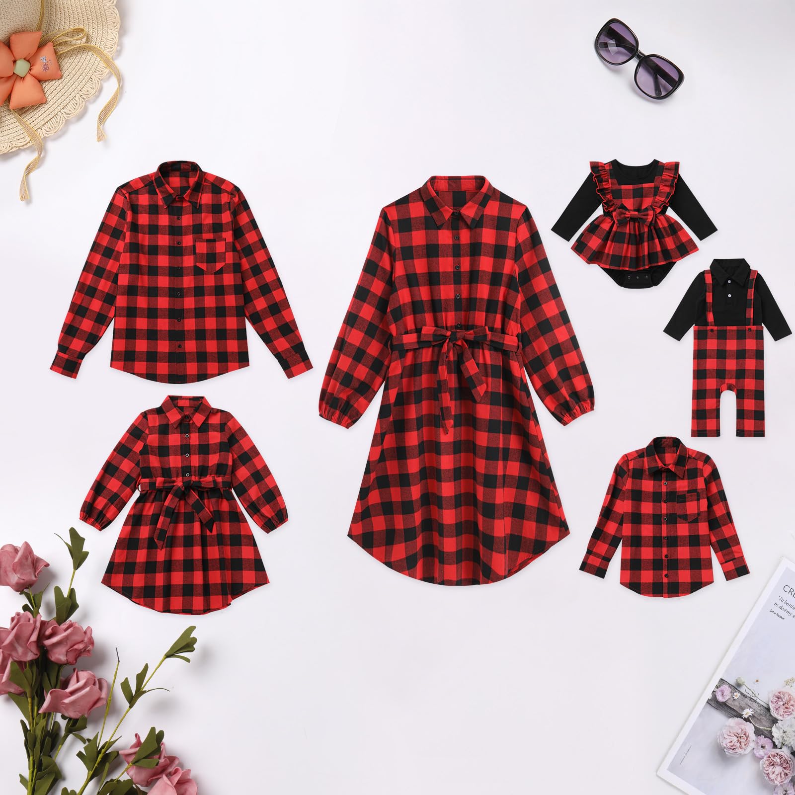 Mommy and Me Christmas Dresses Long Sleeve Green Red Black Buffalo Plaid Family Matching Outfits for Photoshoot Fall Winter Gingham Mom Daughter Daddy Son Matching Outfits Red Plaid Baby Girls 3-6M